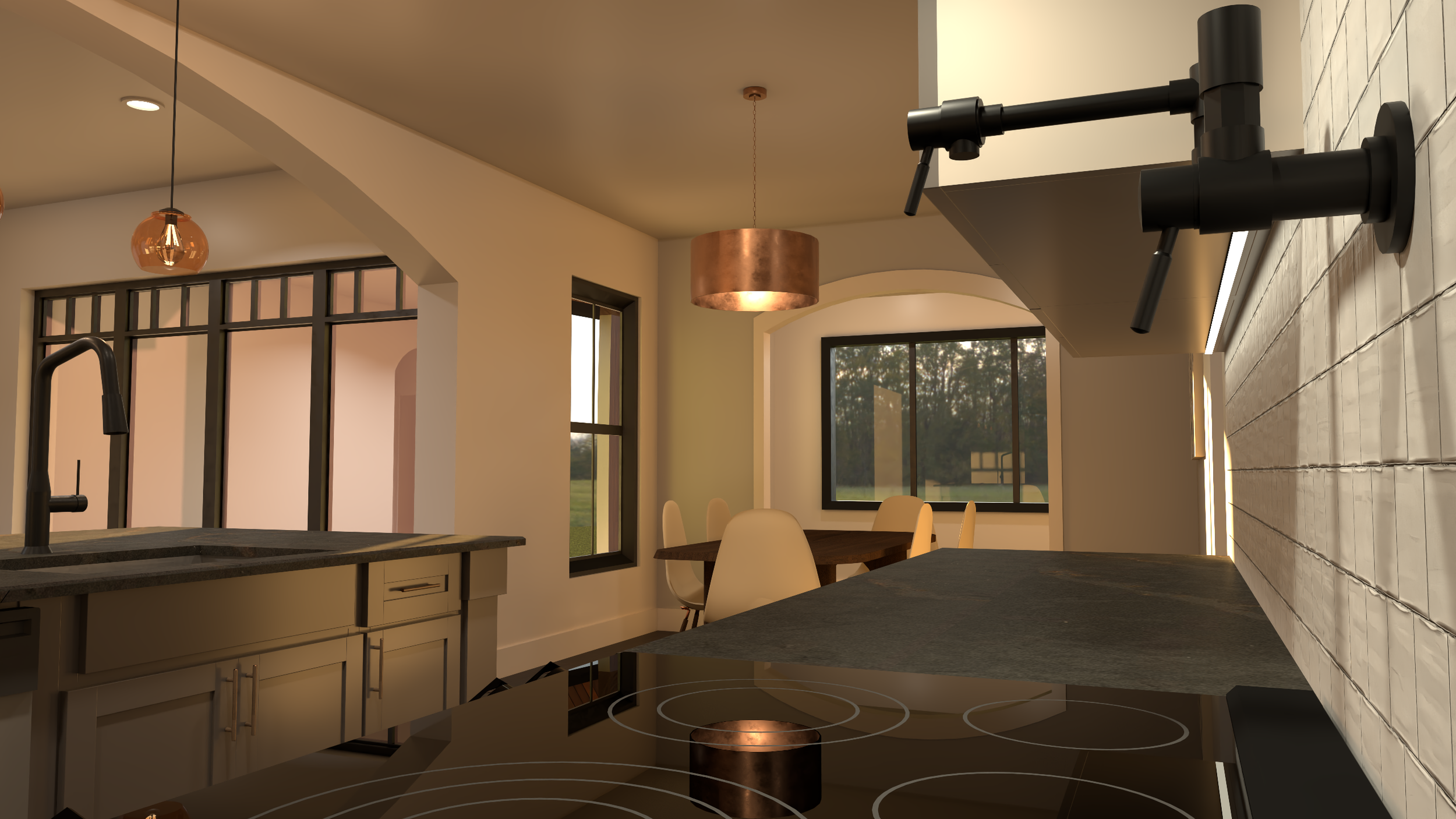 Modern kitchen interior with dining area, featuring a black faucet over a dark countertop, a pot filler on the wall, and a round copper pendant light above a wooden table with white chairs.