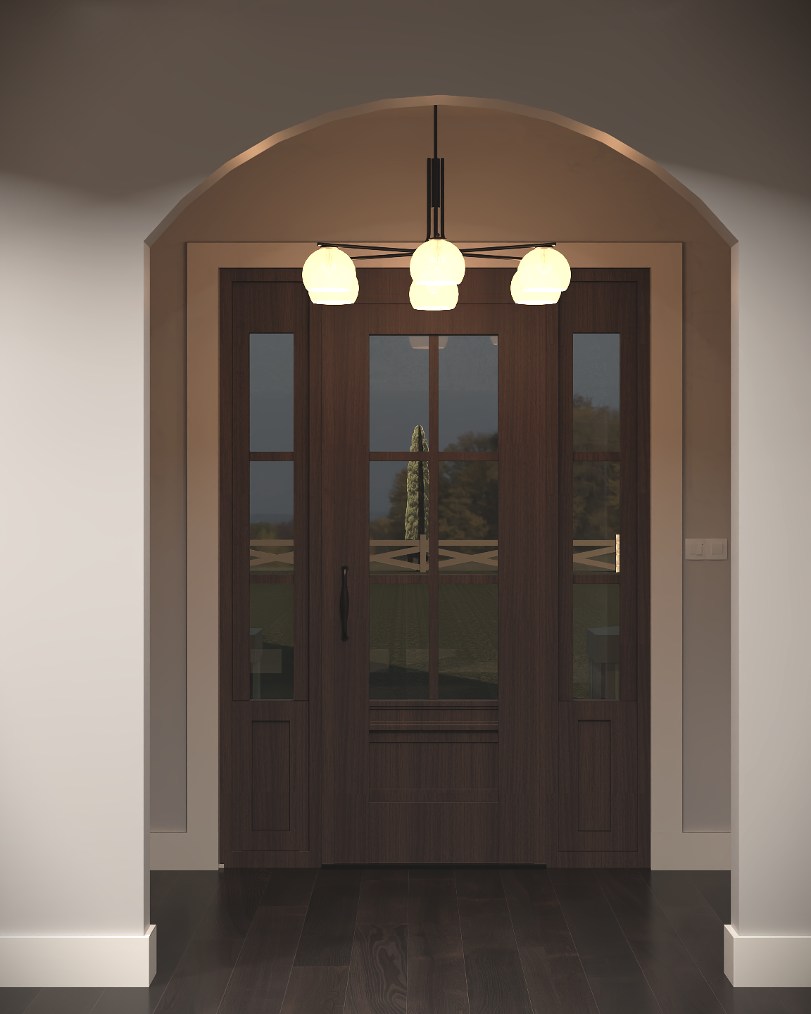 Wooden double front door with glass panels, arched entryway, modern pendant light fixture, and visible exterior landscape.