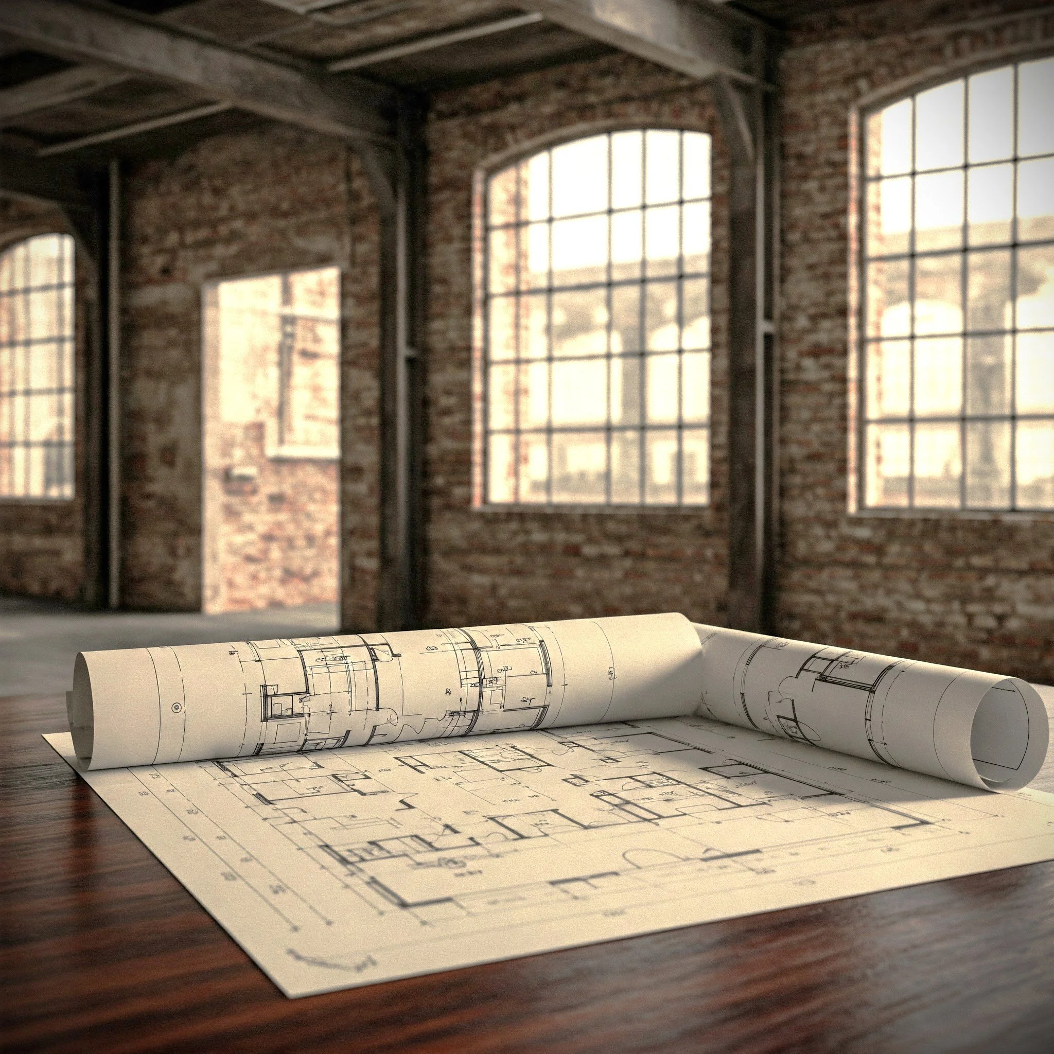 Blueprints on a wooden table in an industrial style setting with large windows and exposed brick walls.