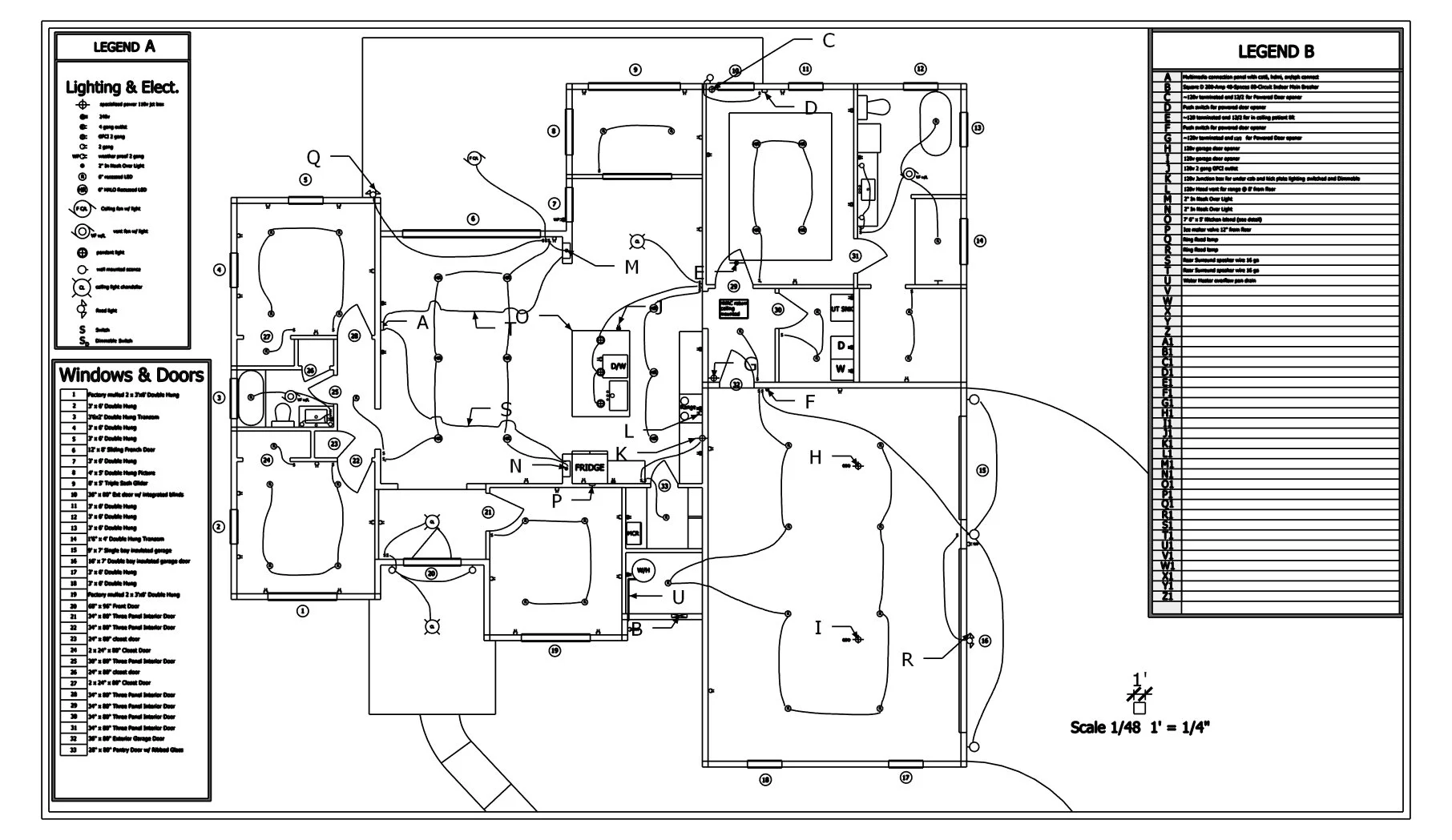 Detailed floor plan with electrical, lighting, and door/window legends; design includes labeled rooms and wiring layout.