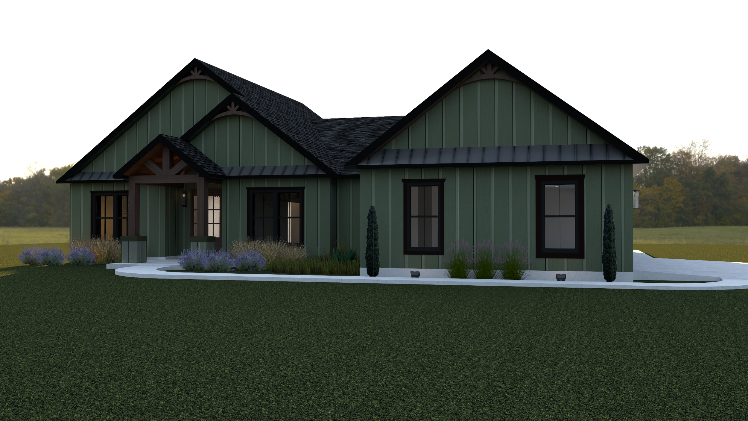 A modern green house with a gabled roof, white trim, and landscaped front yard with plants and shrubs.