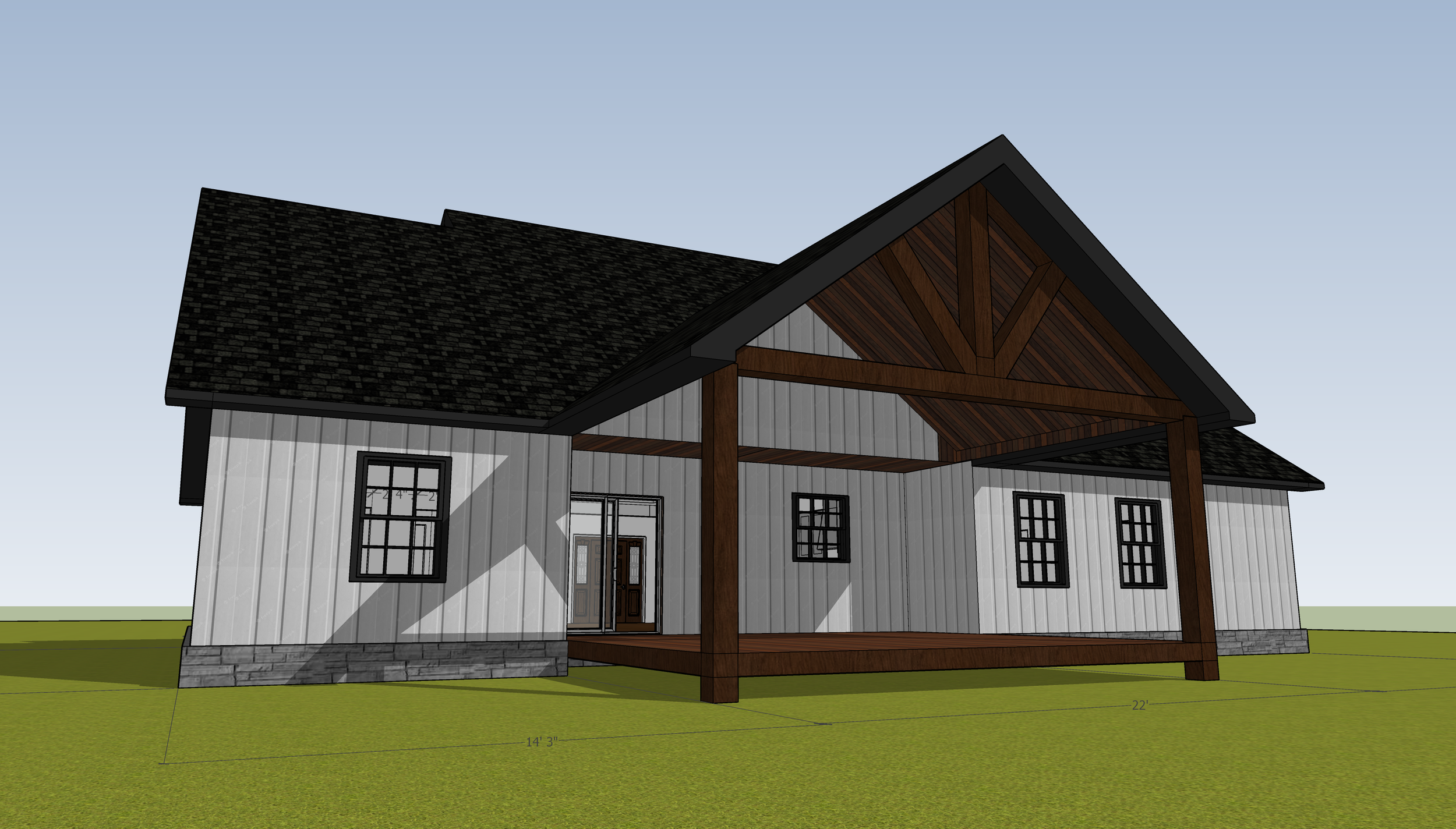3D architectural rendering of a modern single-story house with a gray exterior, black roof, and wooden elements on the porch. The house features multiple windows and a front door.