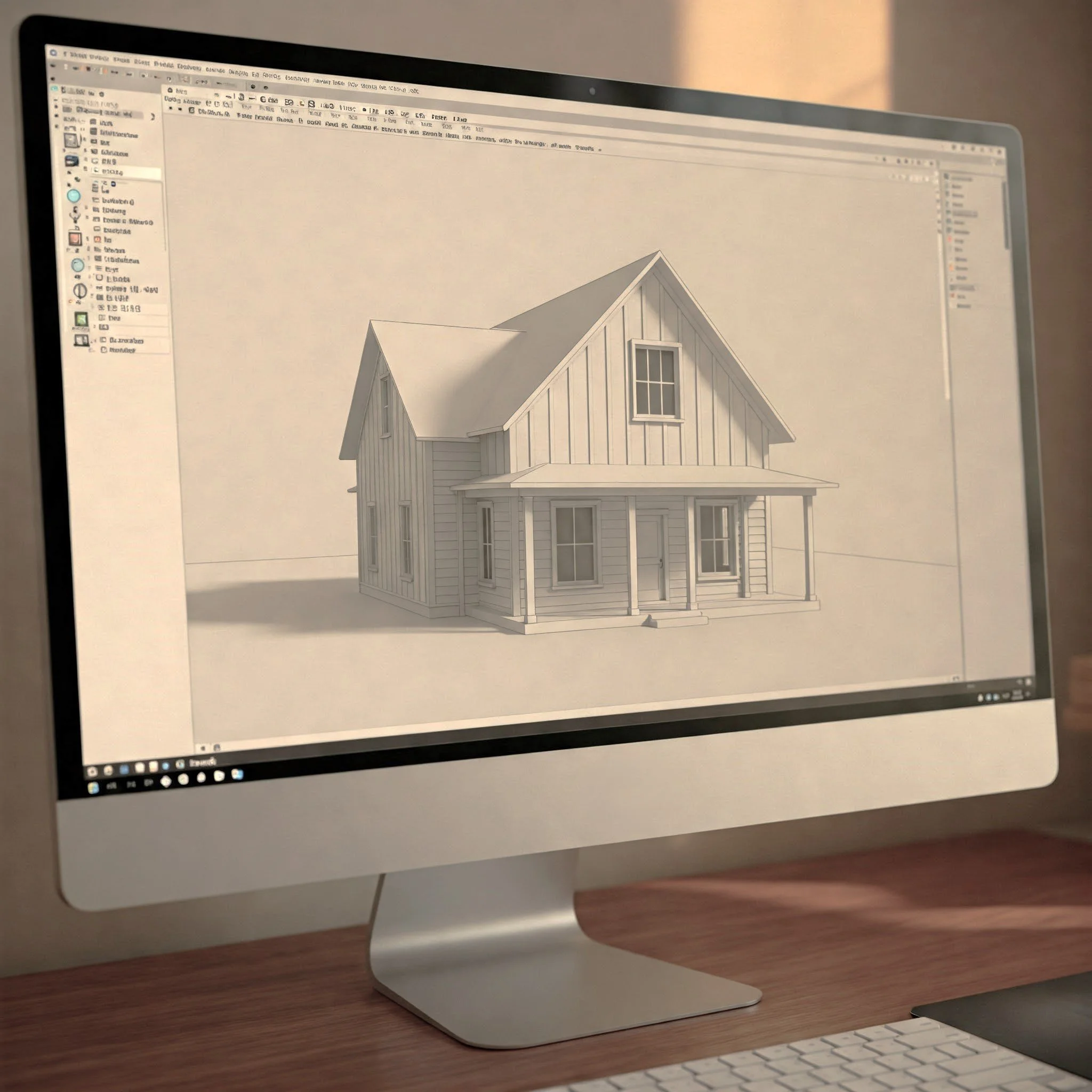Computer monitor displaying a 3D architectural model of a house in design software, featuring a gable roof and front porch, in a room with warm lighting.