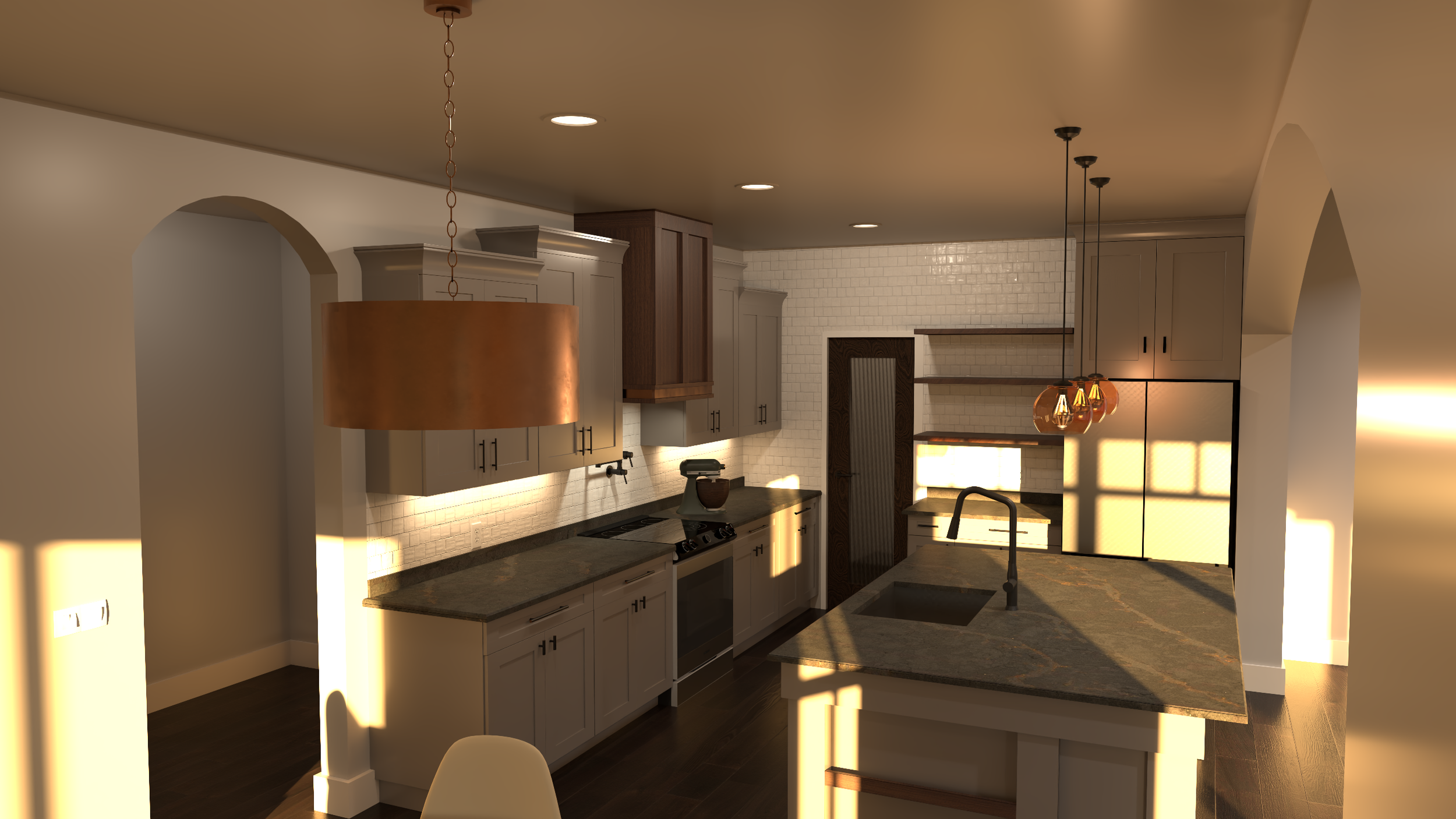 Modern kitchen interior with gray cabinets, stone countertops, pendant lighting, and a central island.