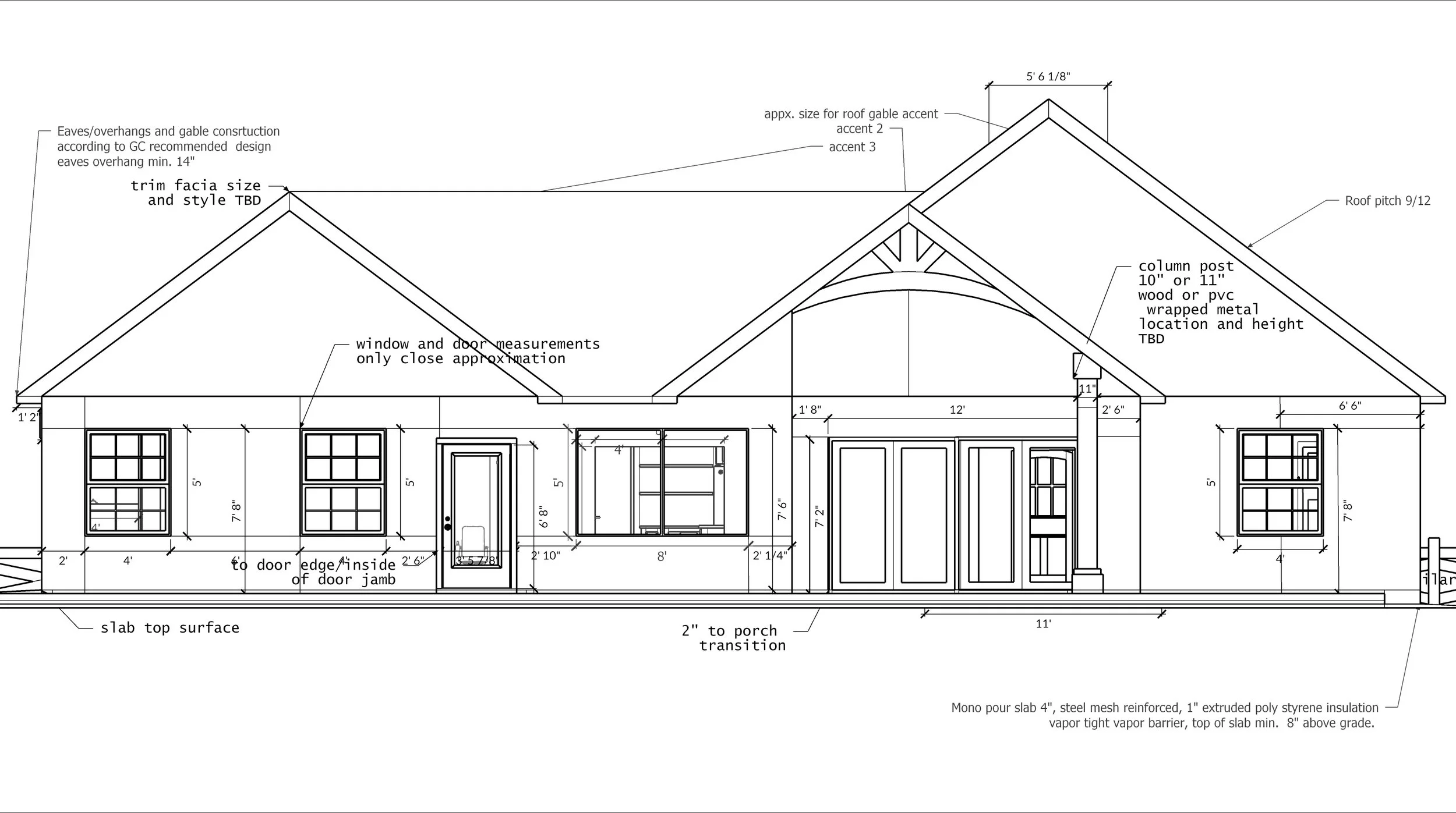 Architectural front elevation drawing of a single-story house with dimensions and specifications including window and door measurements, roof pitch, column post details, and slab information.