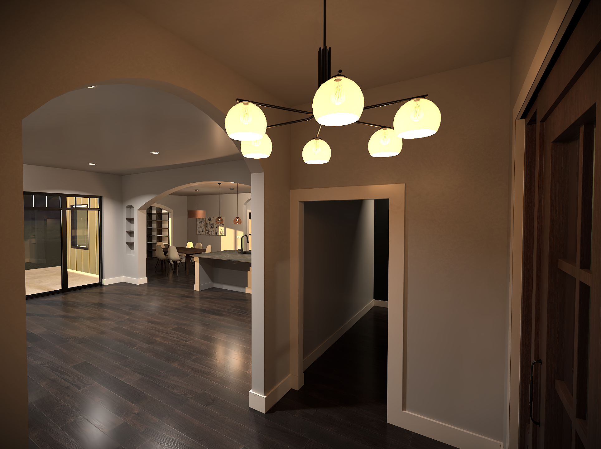 Interior of a modern home featuring a hallway with wooden floors, a chandelier with spherical lights, and an open concept space with archways leading to a kitchen area.