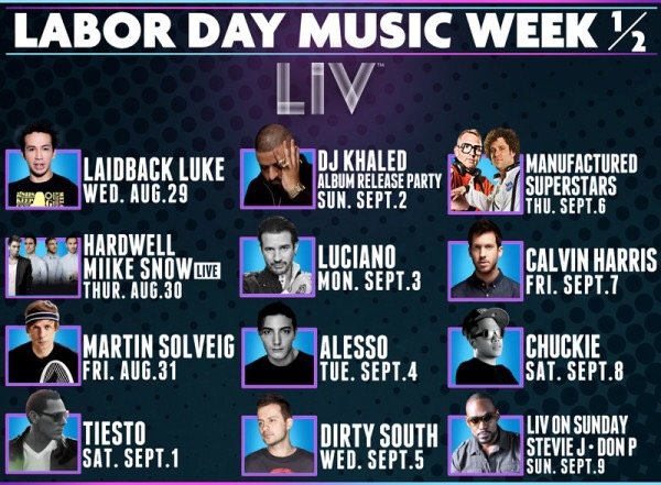 Schedule of Labor Day music performances with artist photos, event dates, and descriptions for LIV nightclub.
