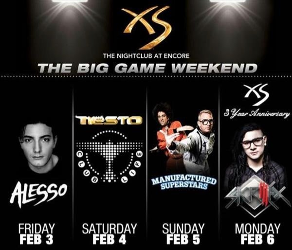 Event schedule poster for XS Nightclub at Encore, featuring performances by Alesso on February 3, Tiesto on February 4, Manufactured Superstars on February 5, and Krewella on February 6.