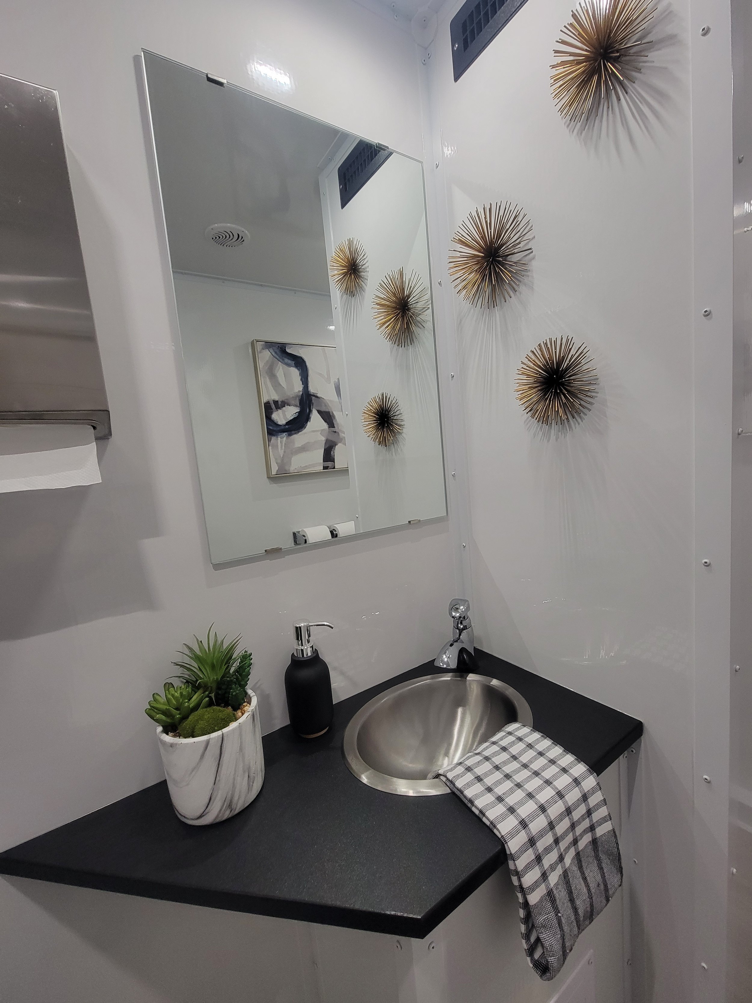 A modern bathroom interior with a stainless steel sink, a black countertop, and a marble plant pot with succulents. A black liquid soap dispenser and a checkered hand towel are on the counter. The wall features decorative gold-colored wall art. A lar