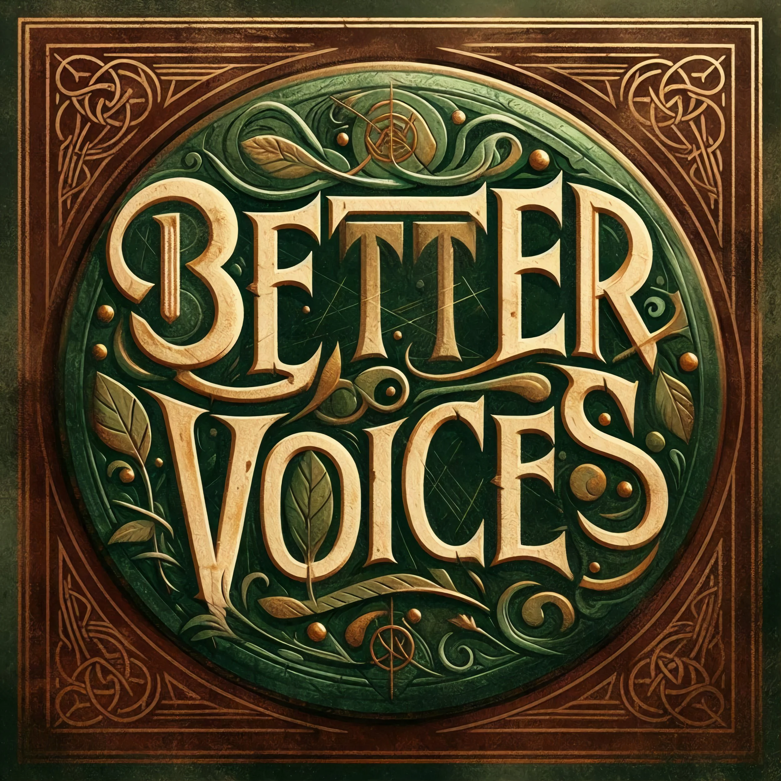 Ornate green and gold decorative title design reading “Better Voices,” framed with leaves, scrollwork, and Celtic-style border motifs.