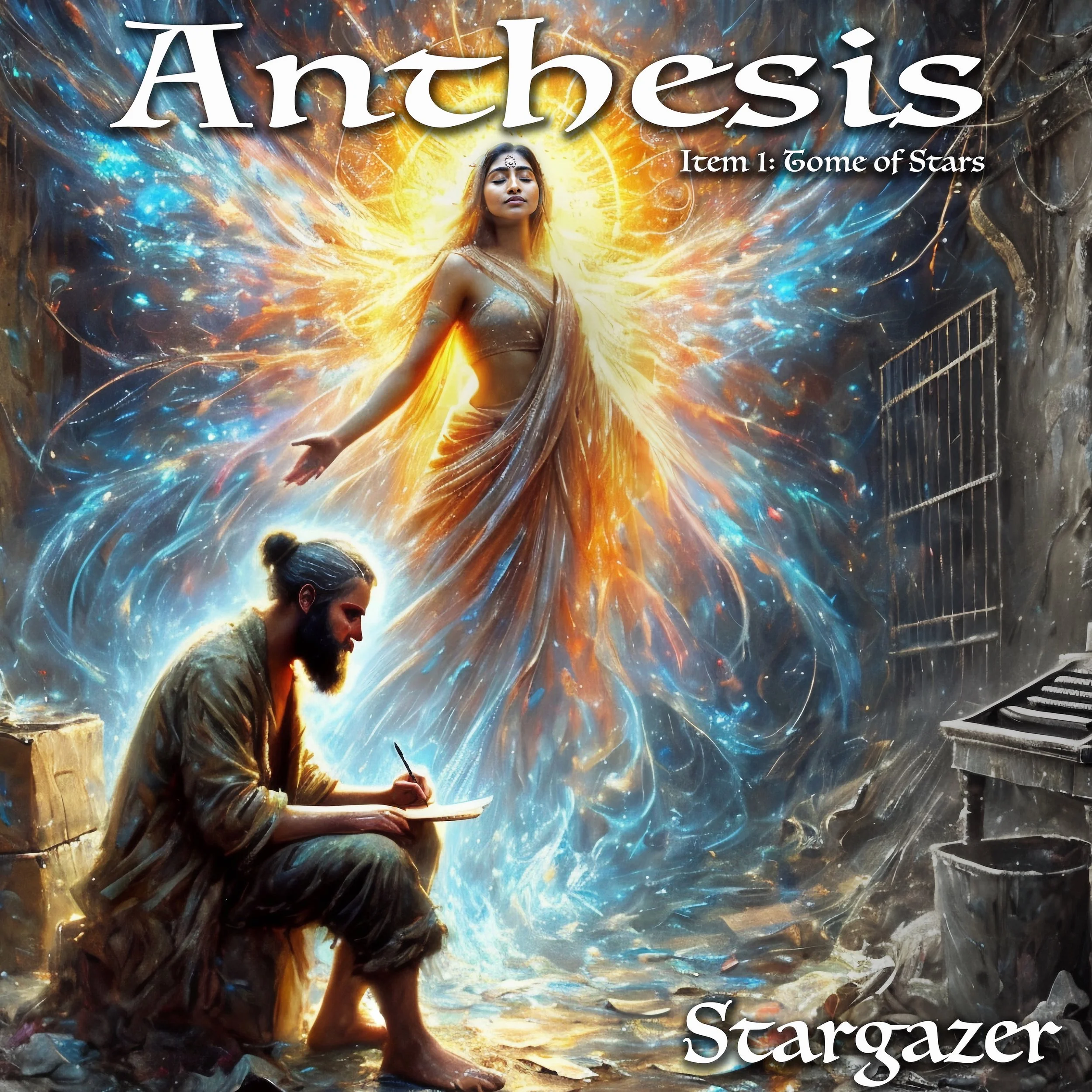 Radiant, goddess-like figure of light inspiring a bearded writer in a ruined alleyway, with stars swirling and “Anthesis, Item 1: Tome of Stars” title above and the artist name "Stargazer" at the bottom.