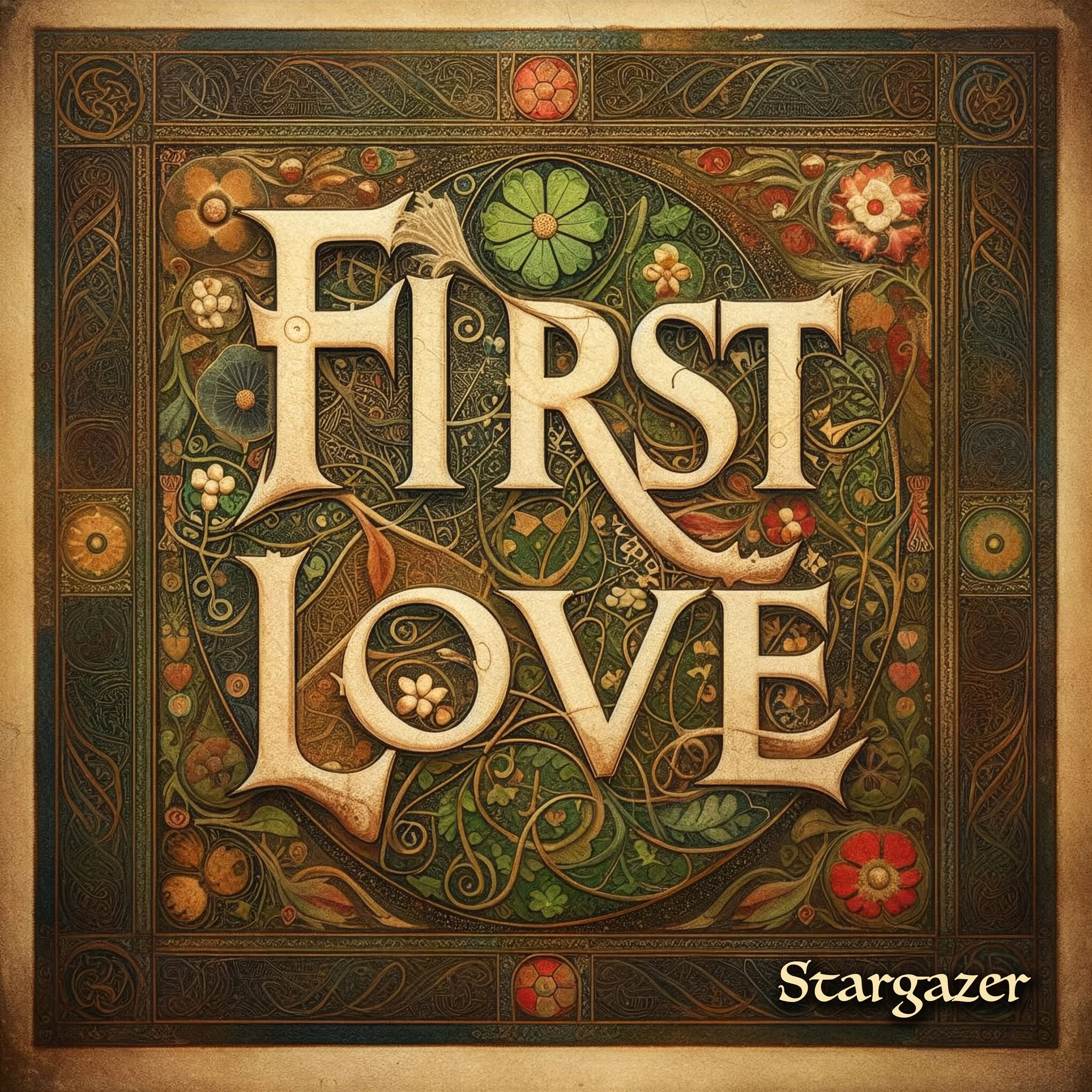 Ornate floral and vine-patterned decorative title design reading “First Love,” with intricate medieval-style border and “Stargazer” at bottom right.
