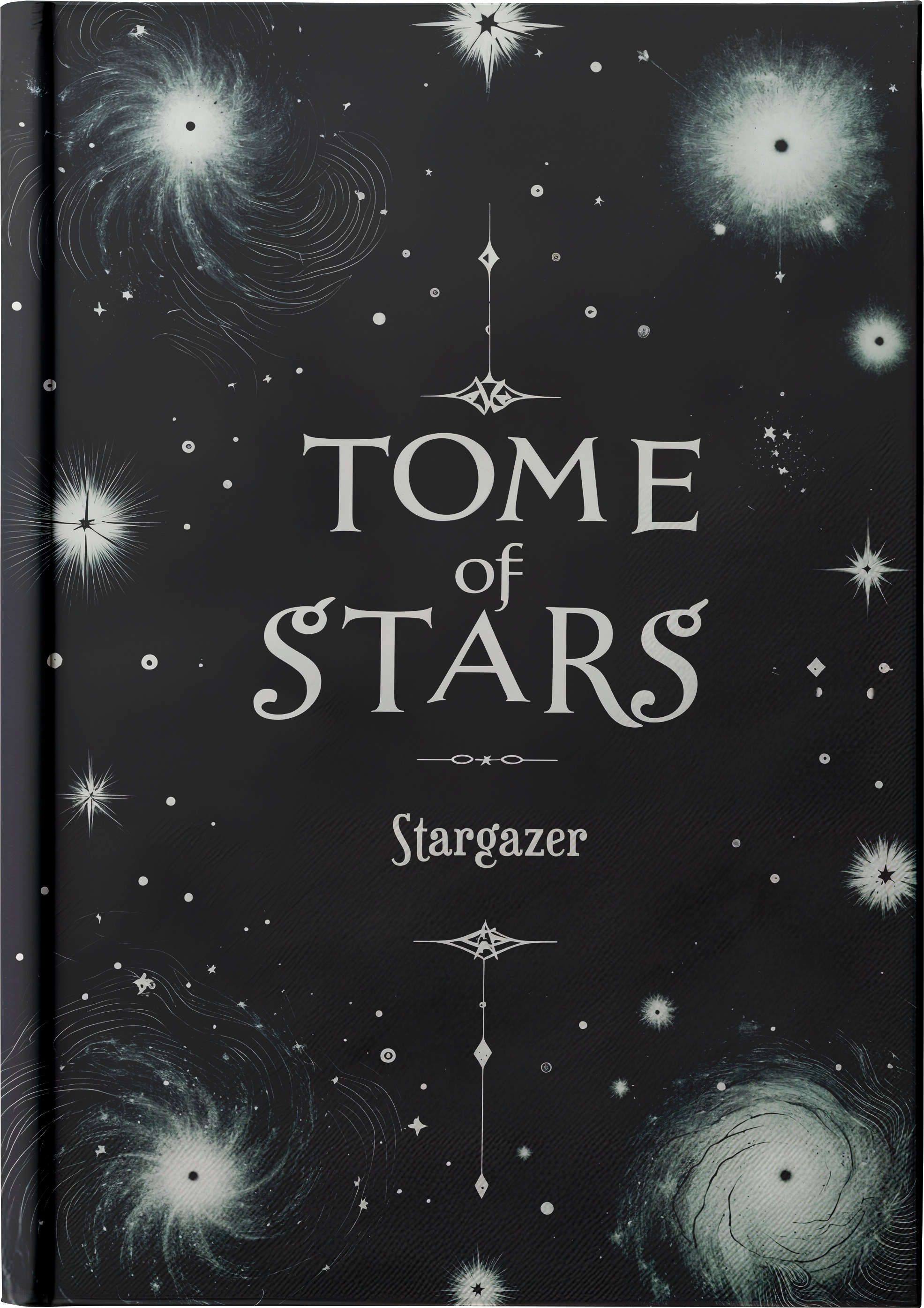 Book cover for "Tome of Stars" by Stargazer, featuring glowing galaxies and constellations on a dark celestial background.