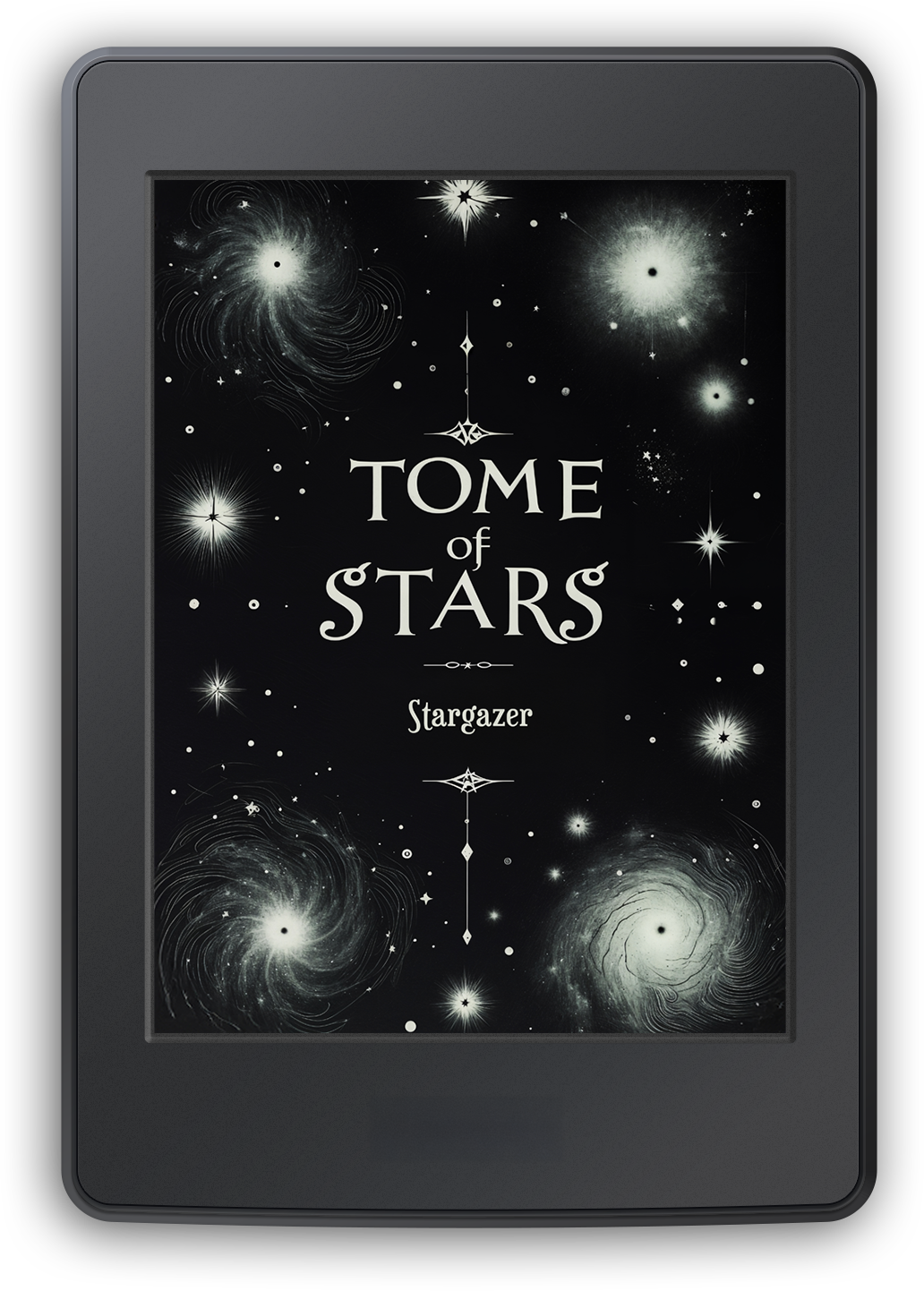 E-reader displaying the "Tome of Stars" cover by Stargazer, featuring monochrome galaxies, stars, and a cosmic night-sky design.