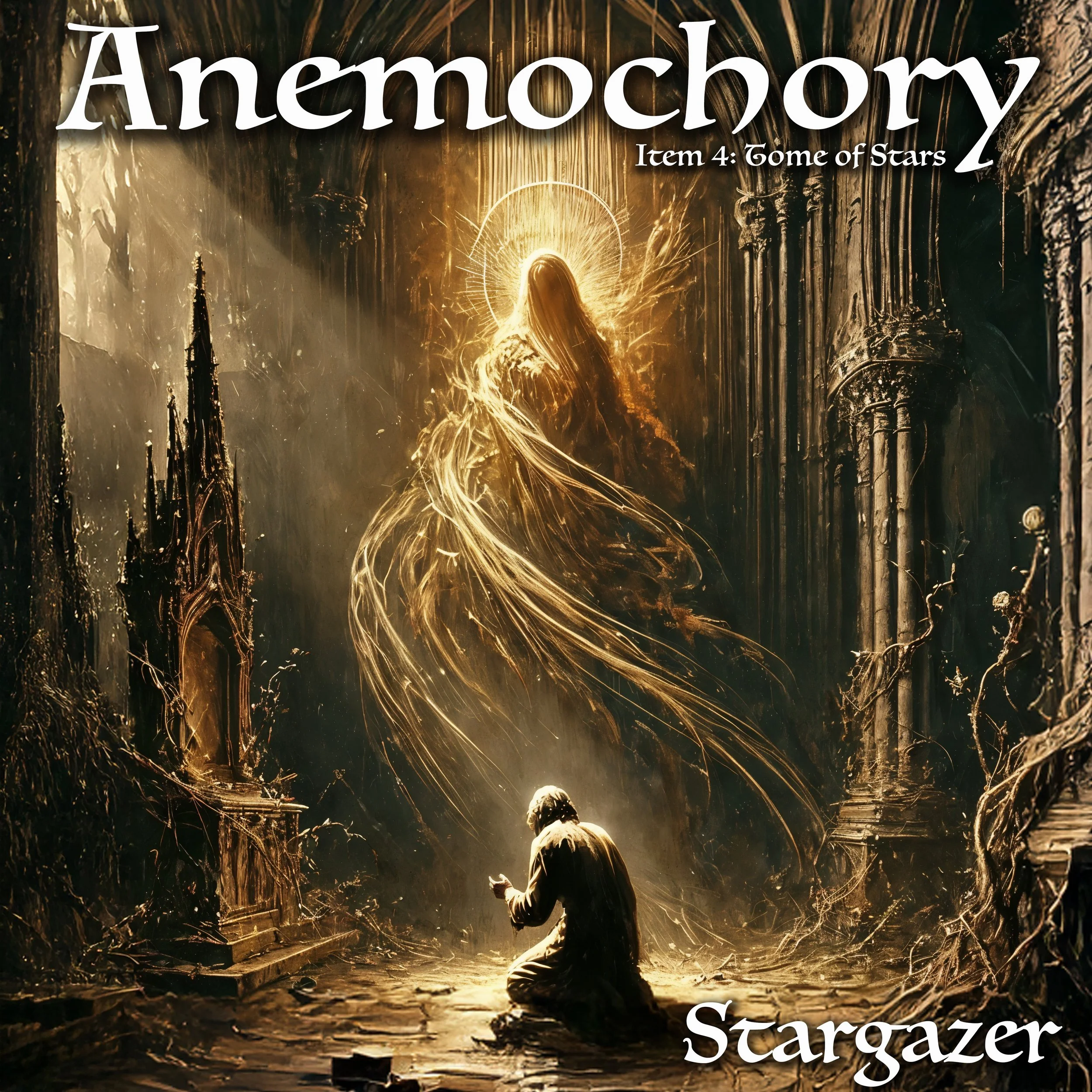 Luminous, veiled figure of light towers in a ruined cathedral over a kneeling person, titled “Anemochory,” subtitle “Item 4: Tome of Stars,” with artist name “Stargazer” at bottom.