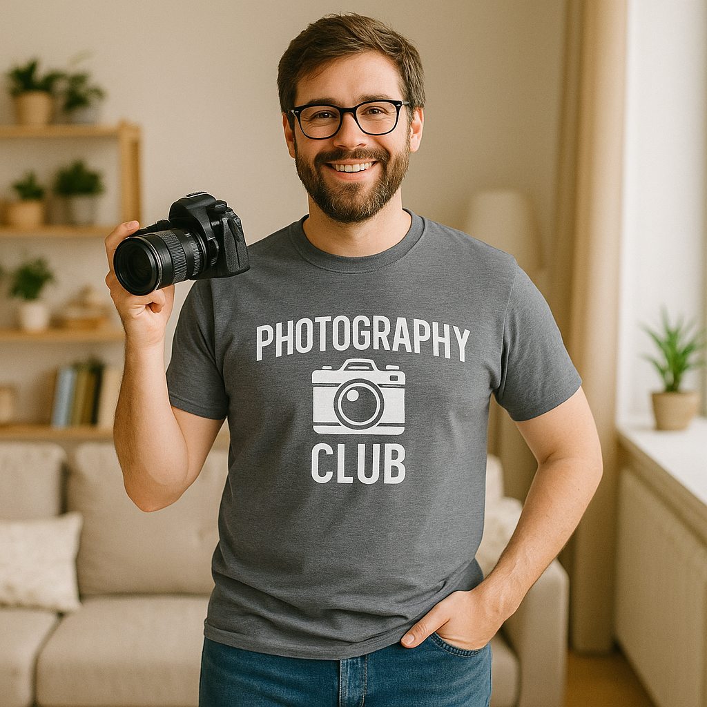 A smiling man with glasses and a beard holding a camera in a cozy, well-lit living room, wearing a gray T-shirt that reads 'Photography Club' with a camera graphic.