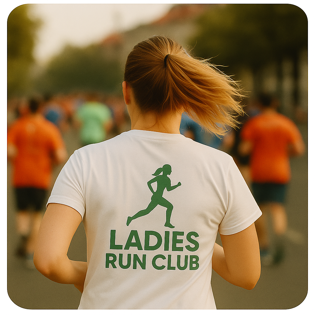 A woman running in a race or marathon, wearing a white T-shirt with a logo that says "Ladies Run Club" and a silhouette of a woman running on the back, with other runners visible in the background.