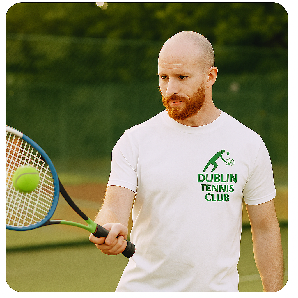 A man with a shaved head and red beard playing tennis on an outdoor court, wearing a white t-shirt with the Dublin Tennis Club logo, holding a tennis racket, with a tennis ball in mid-air near the racket.