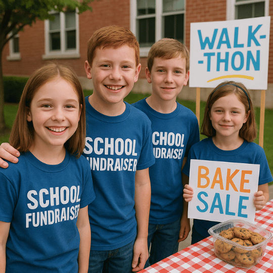 Four children smiling at a school fundraiser bake sale, wearing matching blue shirts that say 'School Fundraiser,' with one girl holding a sign that says 'Bake Sale' and another sign reading 'Walk-Thon' in the background. There are cookies on a table.