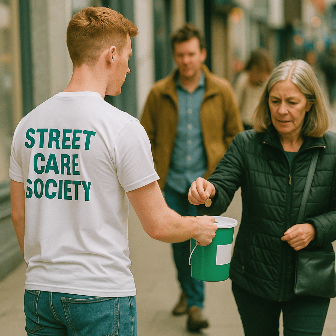 A young man with a shirt that says 'Street Care Society' is collecting donations from a woman on a city street.
