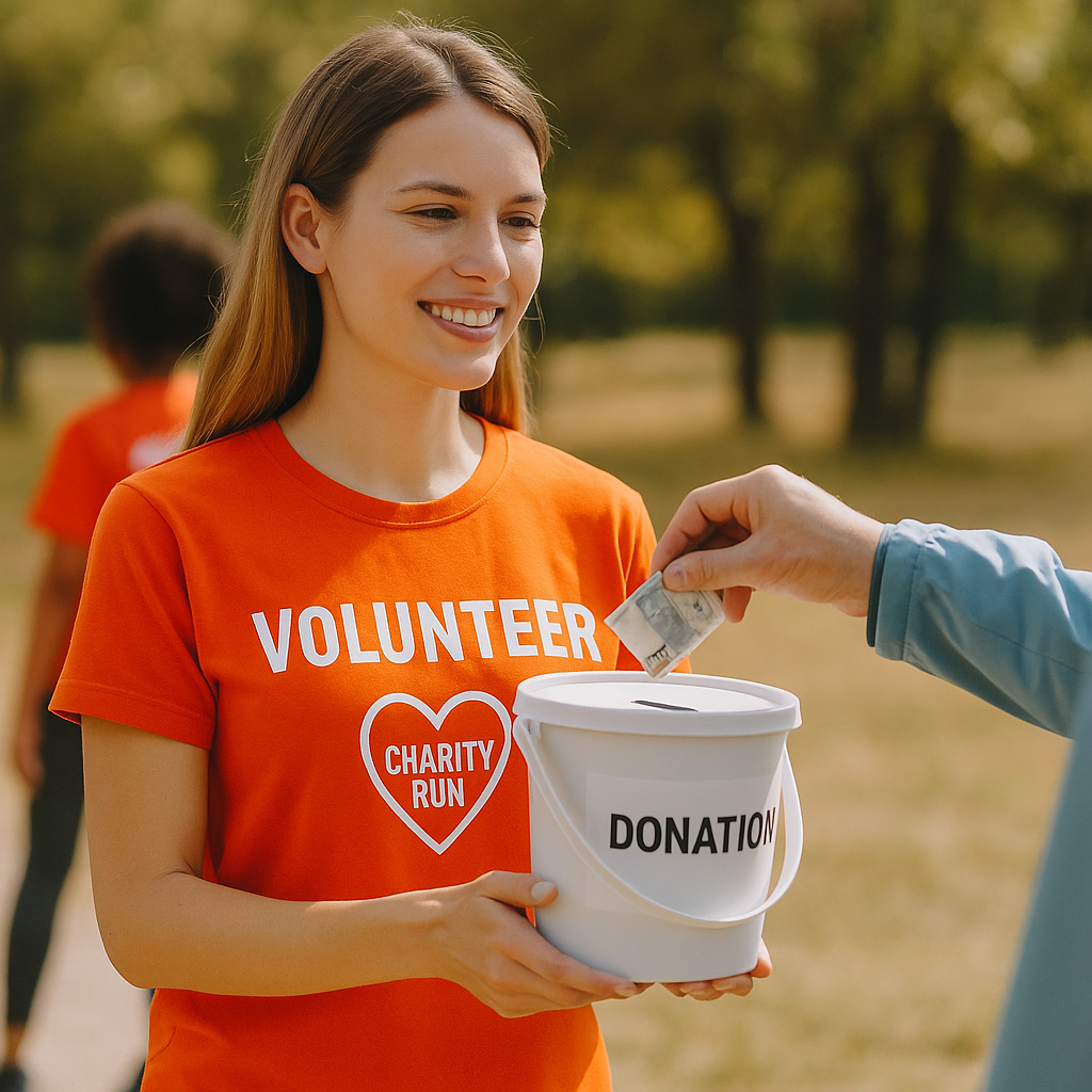 A young woman in an orange volunteer T-shirt is smiling as she donates money into a white donation bucket at an outdoor charity run event.