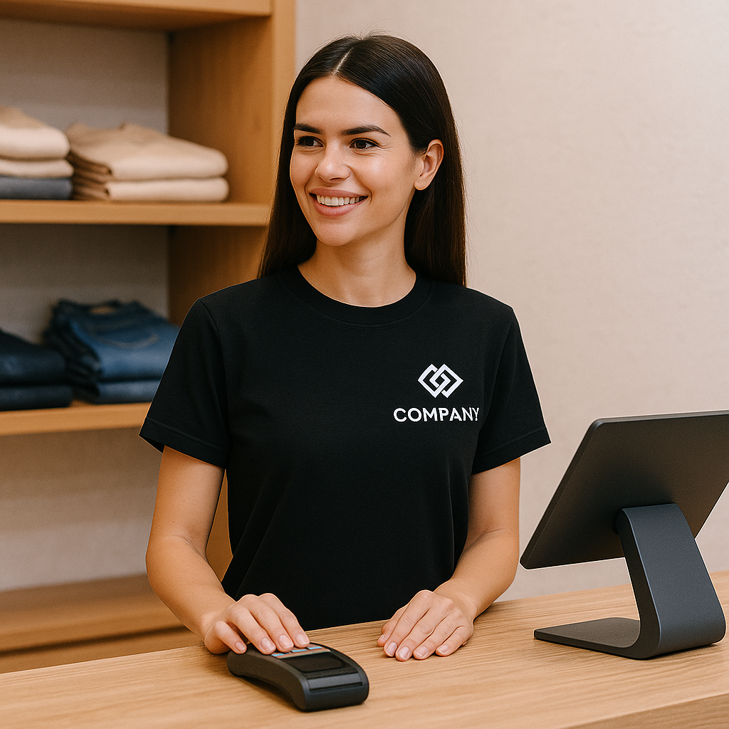 A young woman with long dark hair smiling behind a retail checkout counter, wearing a black t-shirt with a white company logo, and standing next to a point-of-sale terminal and a cash register.