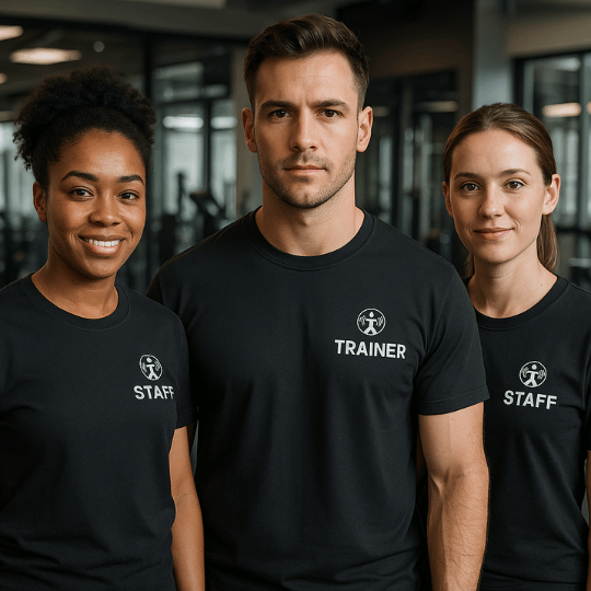 Three fitness staff members standing in a gym, wearing black shirts labeled ‘STAFF’ and ‘TRAINER,’ smiling and looking at the camera.