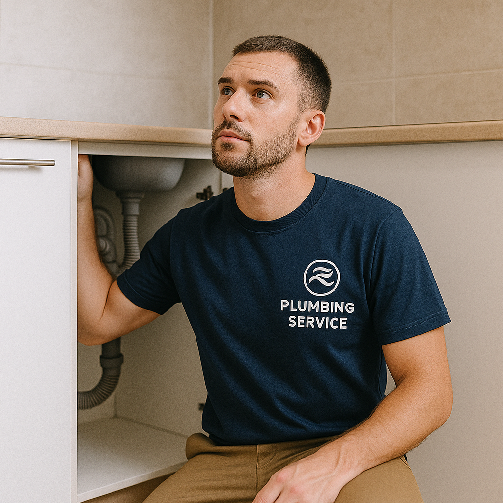 A plumber kneeling under a sink, looking up thoughtfully, wearing a navy blue t-shirt with a plumbing service logo.