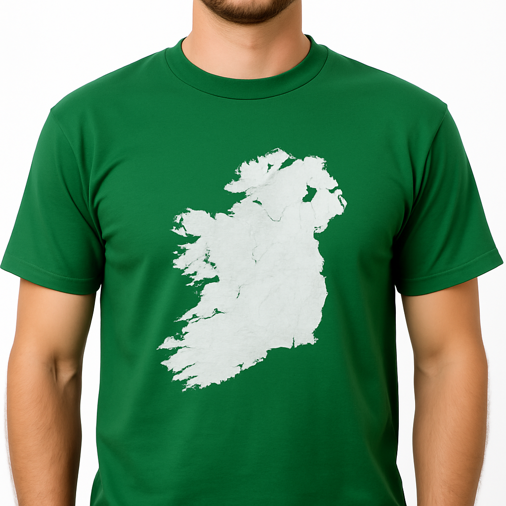 Green t-shirt featuring a white silhouette of Ireland's map.