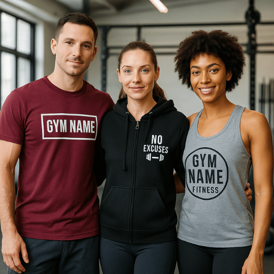 Three smiling people at the gym, two women and one man, wearing workout clothes with motivational slogans.