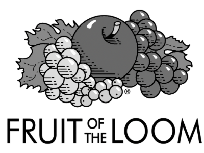 A black and white illustration of a variety of fruits including an apple, grapes, and a banana with leaves.