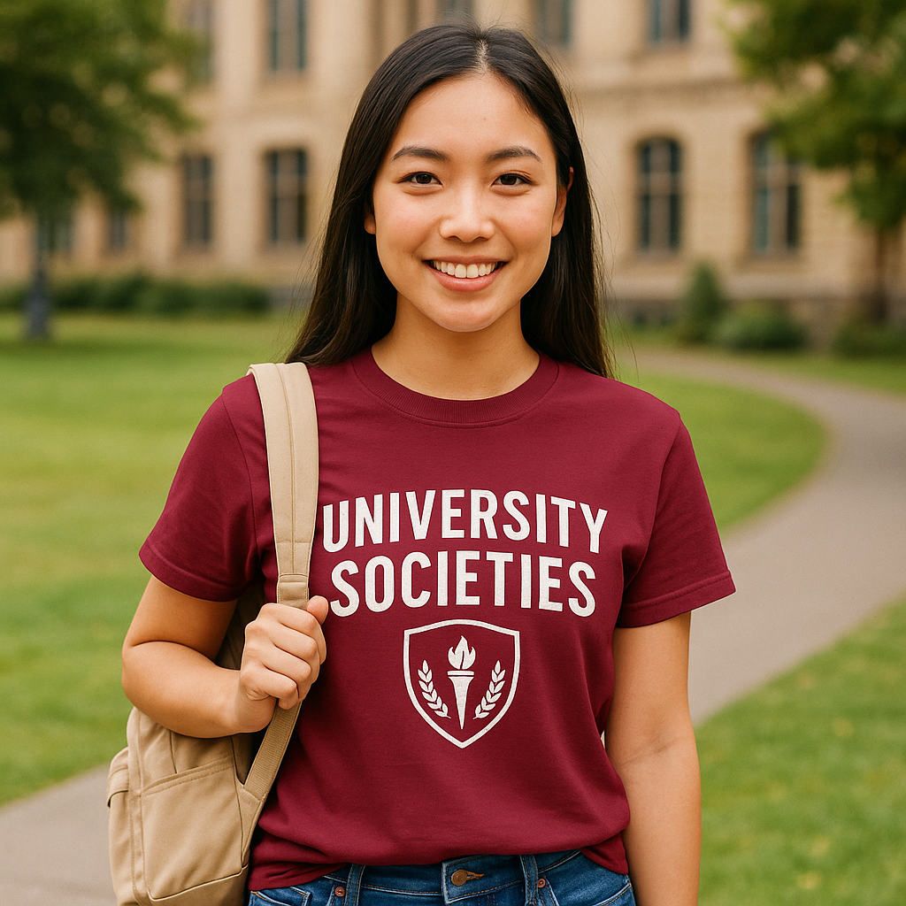 A young woman with long dark hair, smiling, wearing a maroon T-shirt that says 'University Societies' with a torch and laurel design, carrying a beige backpack, standing outdoors on a pathway with a university building and trees in the background.