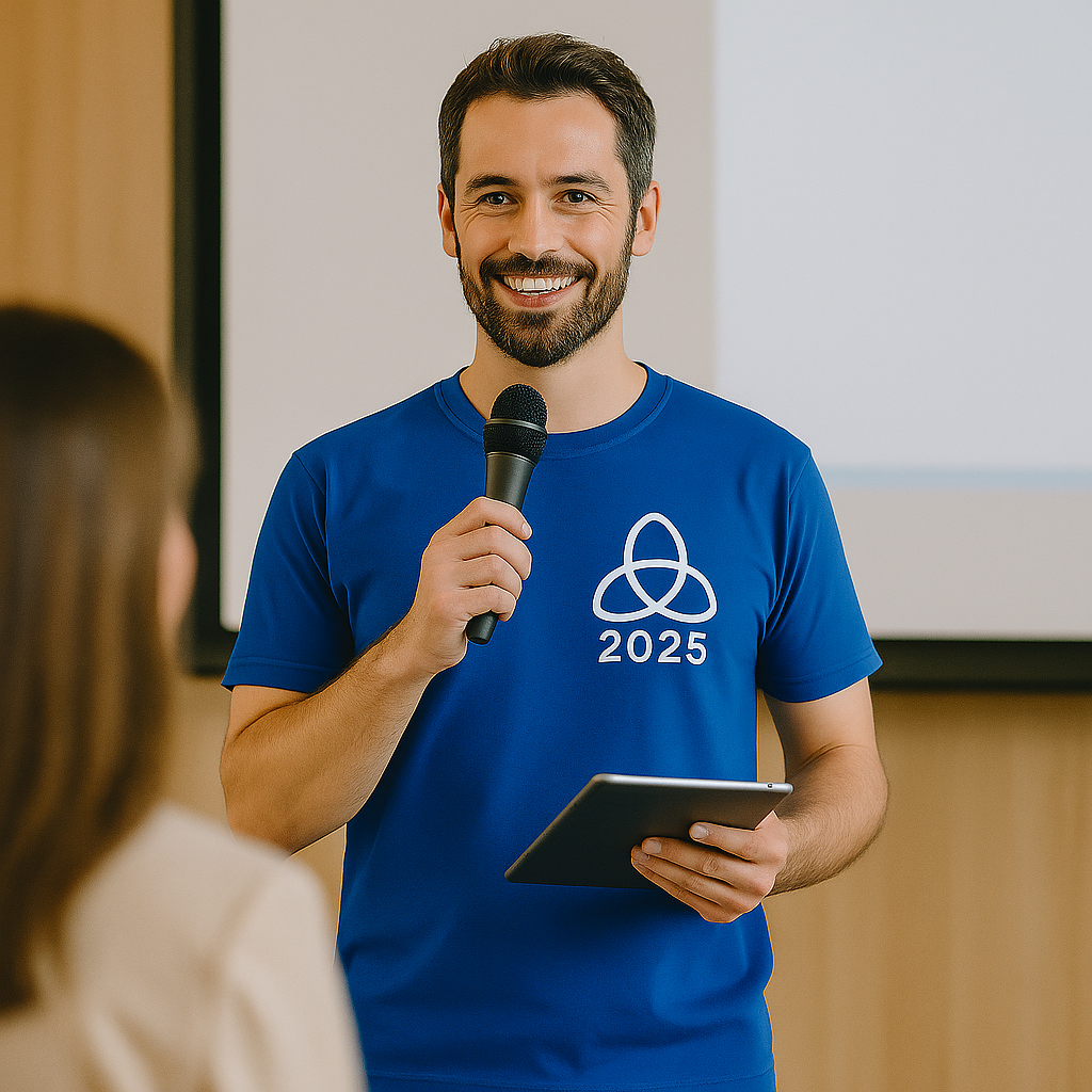 A man with dark hair and a beard smiling while holding a microphone and using a tablet, wearing a blue t-shirt with a white logo, the year 2025, and a geometric design, standing in front of a presentation screen.