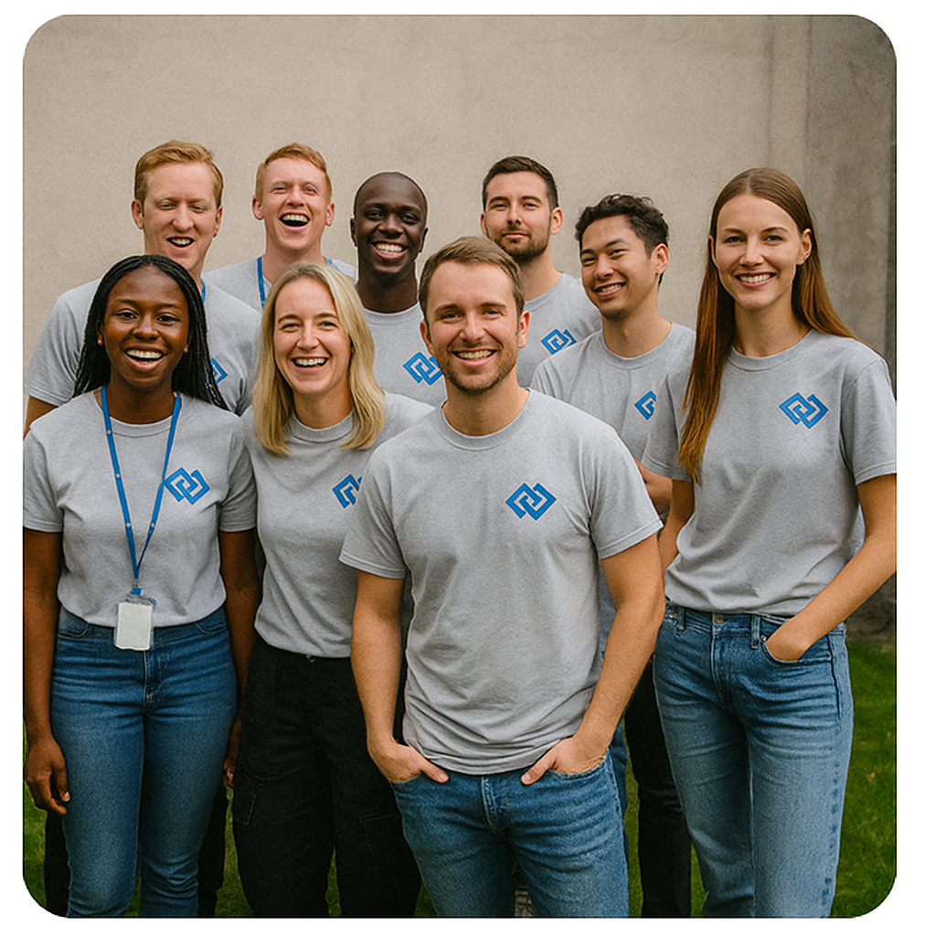 Group of smiling diverse young adults wearing matching gray T-shirts with a blue logo, standing outdoors in front of a beige wall.