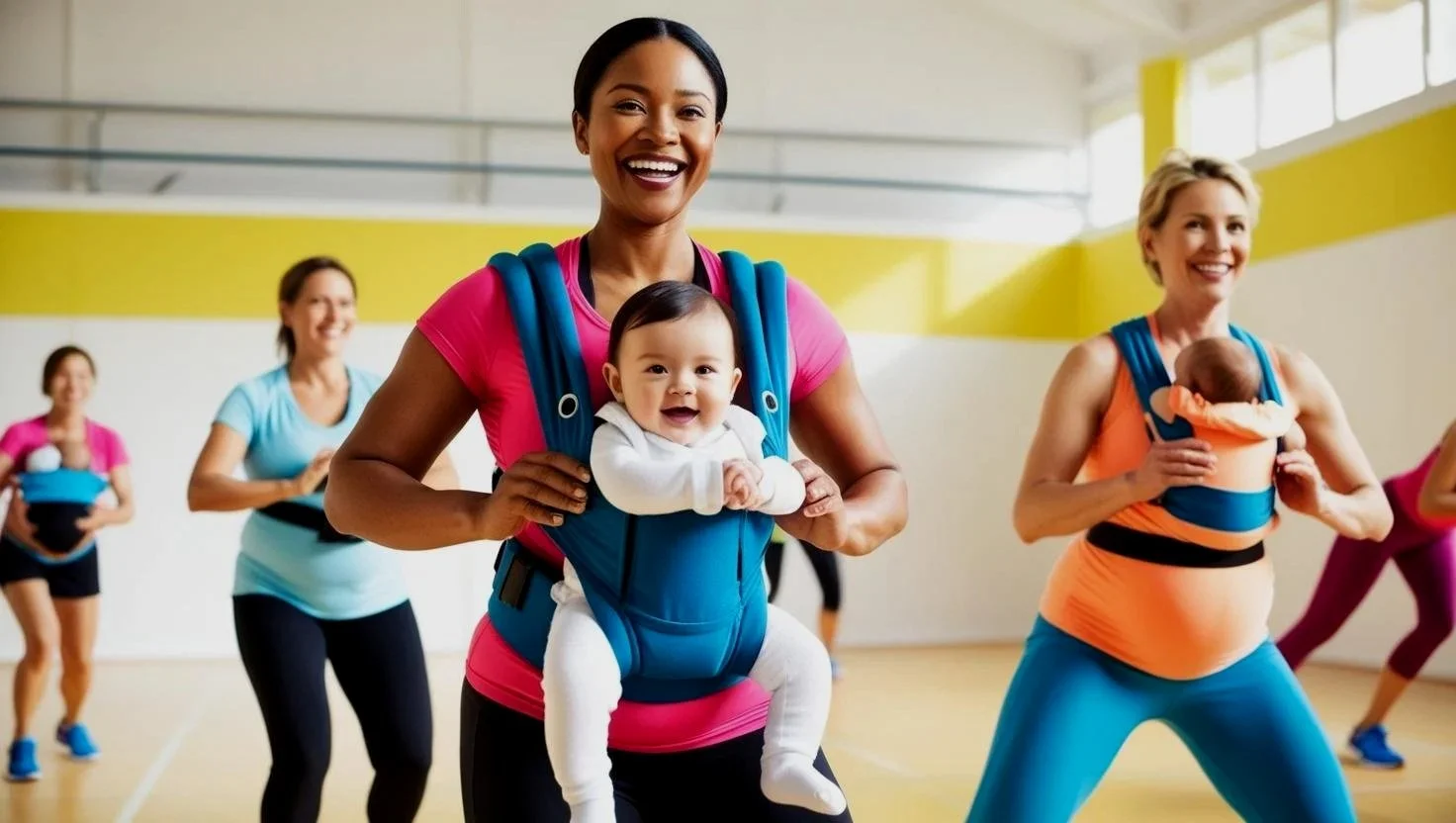 Un groupe de femmes en séance de fitness ou de yoga dans une salle lumineuse, portant des vêtements de sport colorés, avec deux femmes portant des bébés dans des porte-bébés. La femme au centre sourit en tenant un bébé dans un porte-bébé bleu.