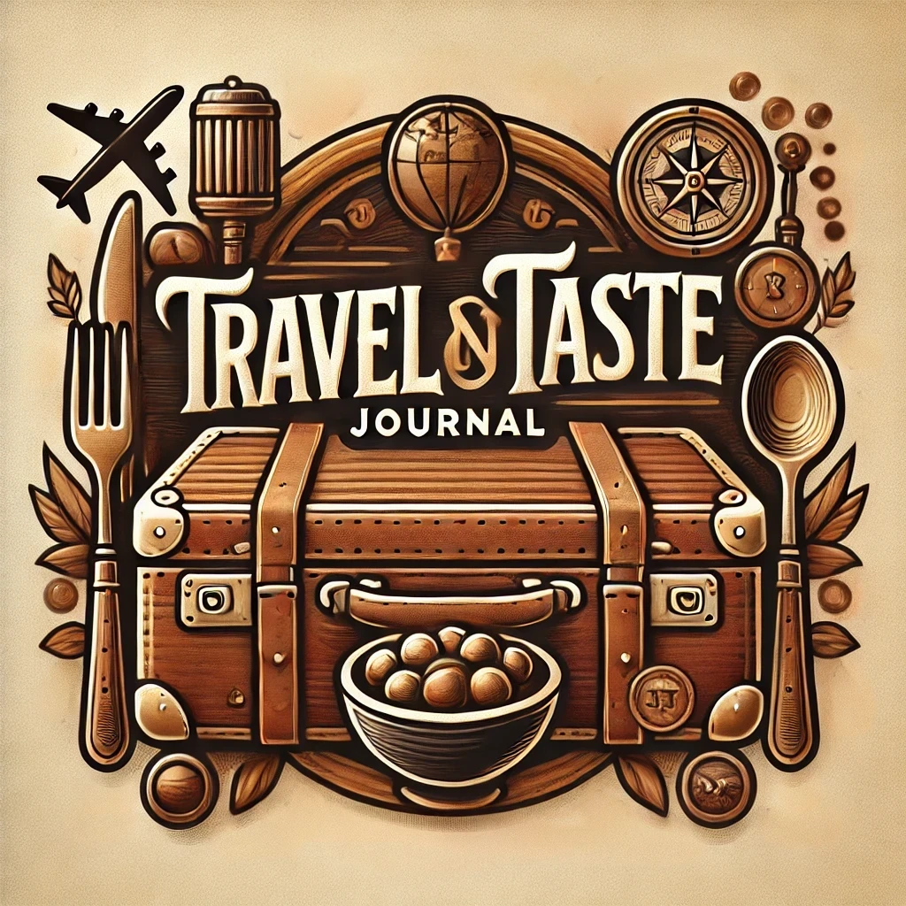 Vintage-style illustration featuring a suitcase with "Travel & Taste Journal" text, surrounded by travel and food elements like an airplane silhouette, a globe, a fork, a spoon, and a bowl of nuts, in a sepia tone.