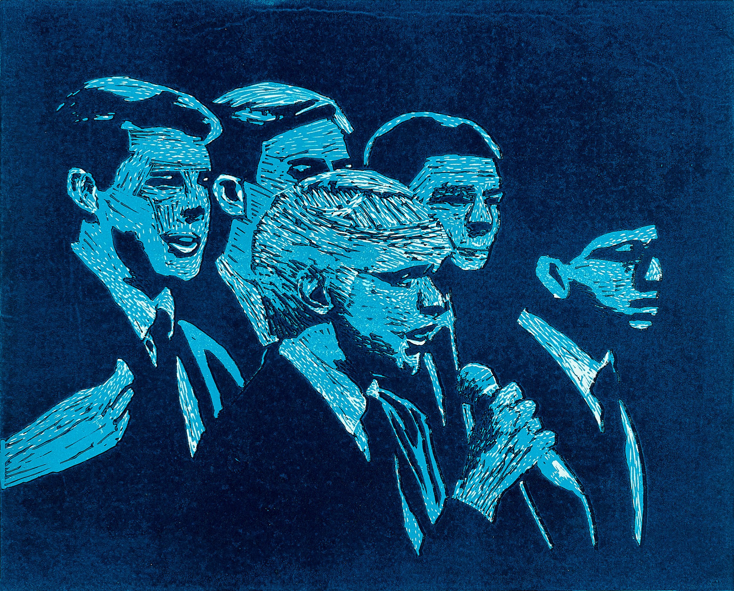 A stylized illustration of five people, with one person speaking into a microphone, in blue tones.