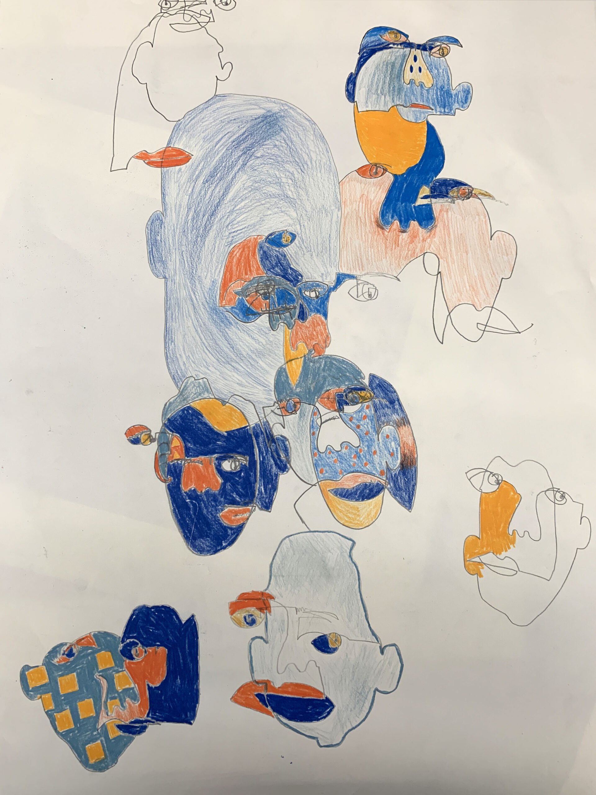 A colorful drawing featuring multiple abstract faces, some colored in blue, orange, and gray, with line art sketches of faces intertwined with the colored ones.