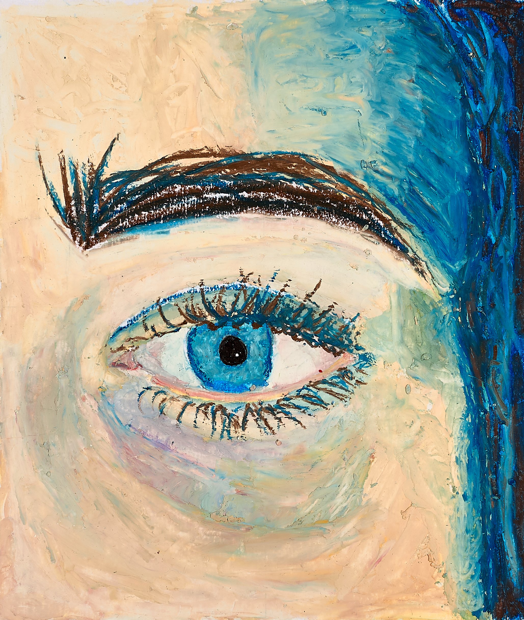 Abstract painting of a human eye with blue iris, black pupil, and brown eyelashes. Surrounding skin in light peach tones, with blue and dark brown accents on the eyebrow and hair.