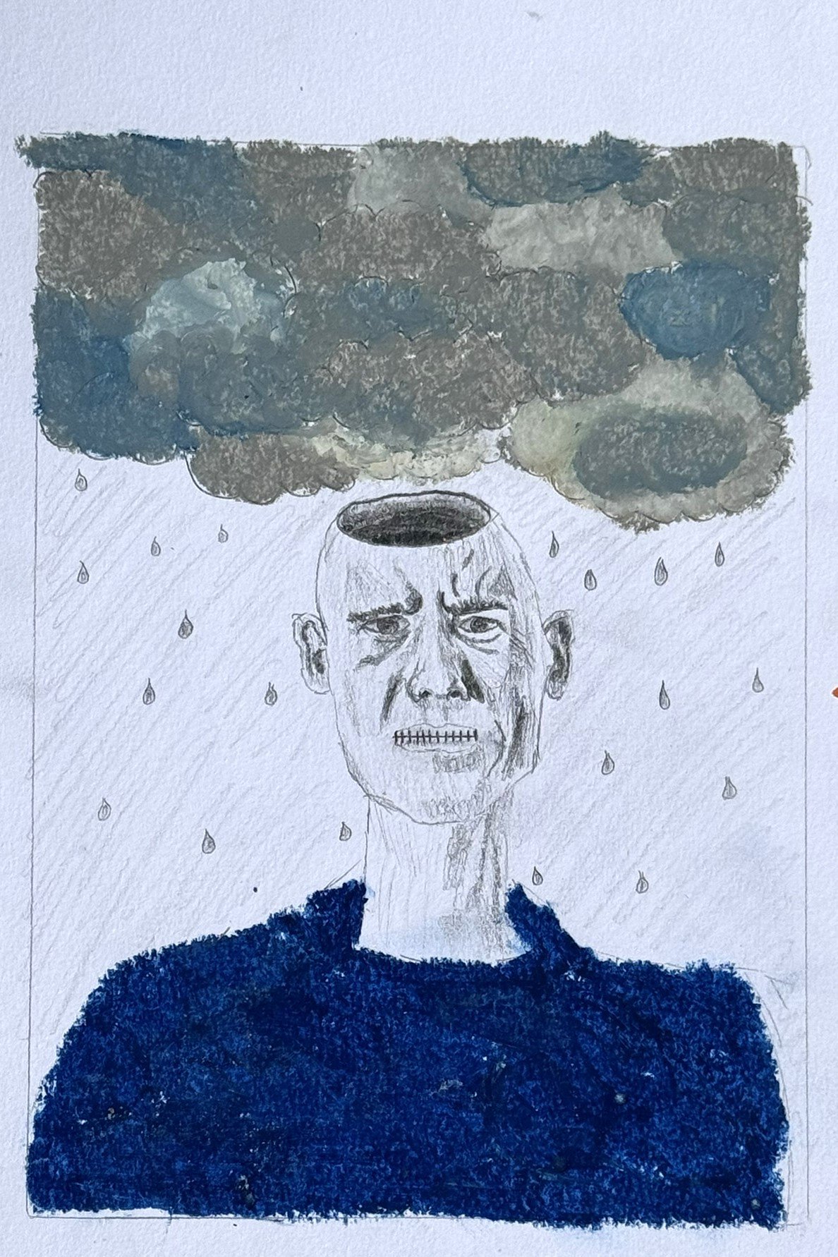 Drawing of a person with a dark cloud above their head, and raindrops falling around them, indicating a storm or gloomy mood.