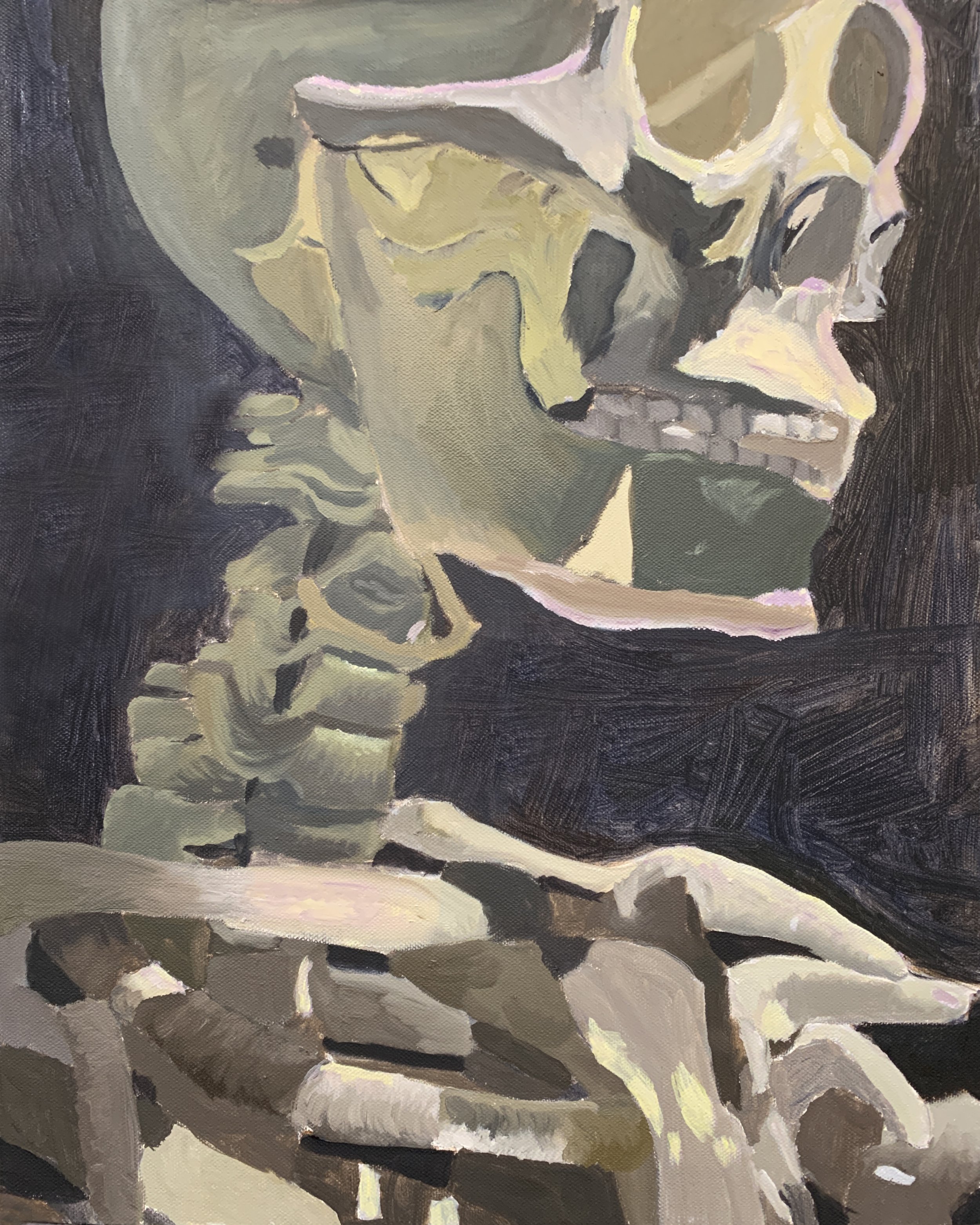 A painting of a human skeleton in profile view, with detailed skull, jaw, and hand bones, set against a dark background.