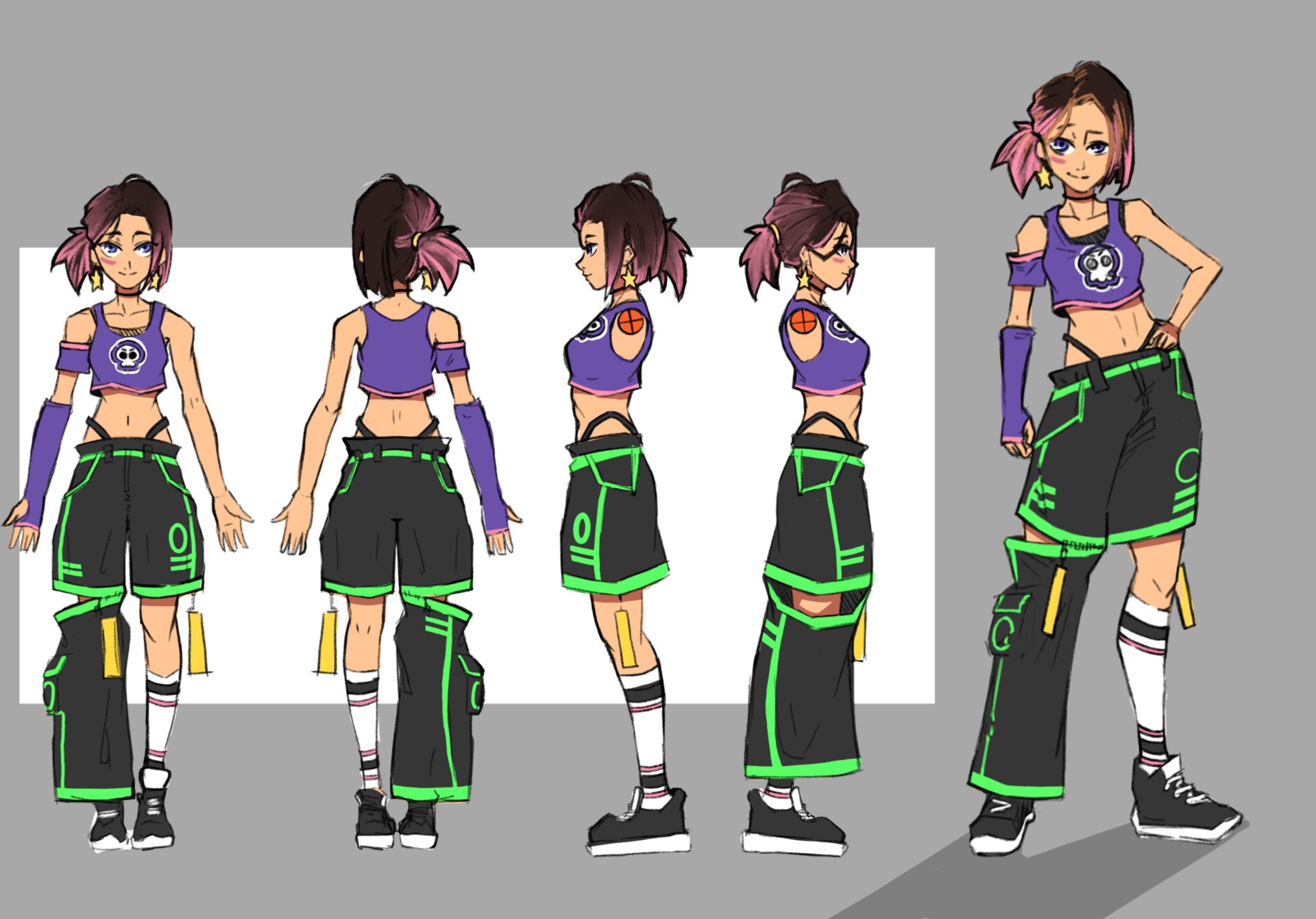 WIP: I try to figure out different style and outfit for the character.
The second image is the previous version, I like the cyberpunk feeling of the character. However, I changed to a more pink-purple colour theme so the overall colour is more harmon