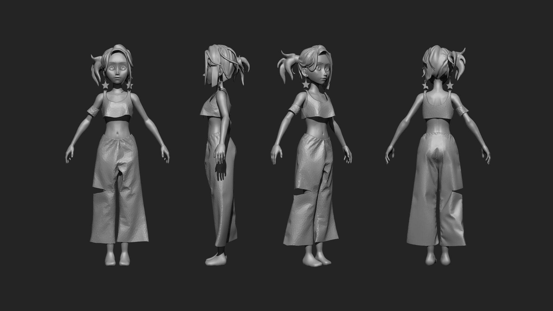 Then I sculpt the character with Zbrush.
I block out the hair in Zbrush and cloth in Marvelous Designer.