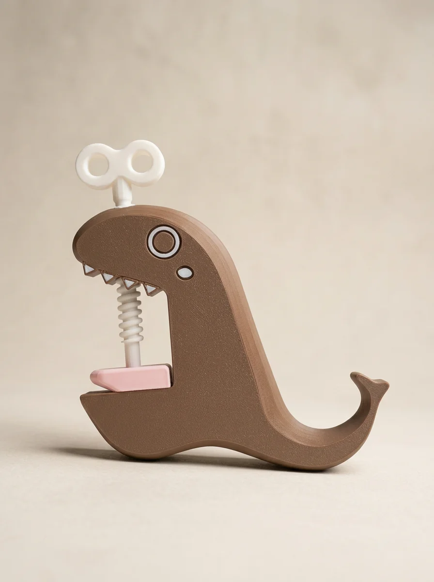 Side view of Dave the Fish desk hook with its curved tail and white screw mechanism.