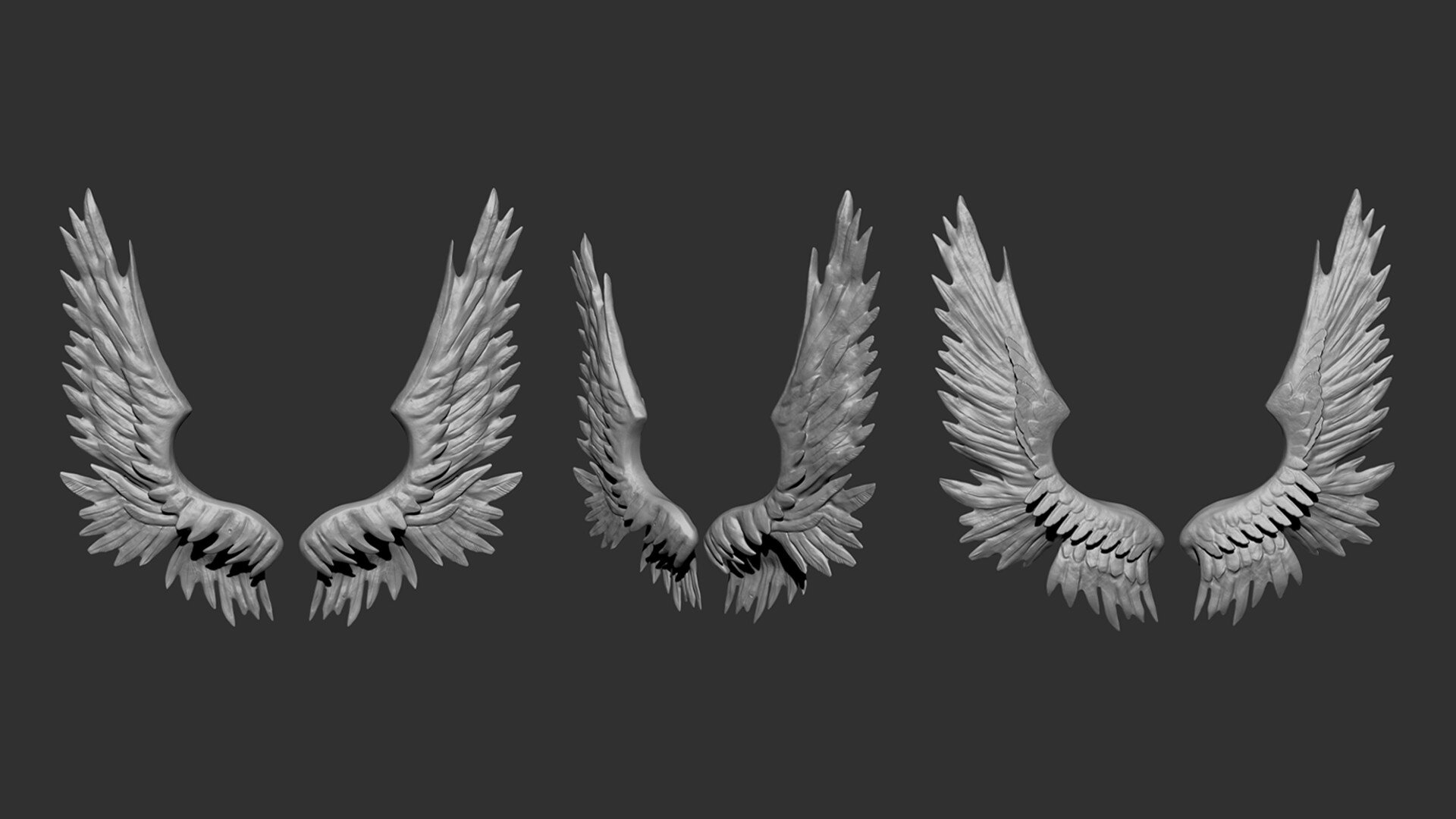 Sculpting
the highpoly for the wing sculpted in Zbrush.
Since I want it to have a hand crafted feeling, I sculpted the feathers manually, one by one.