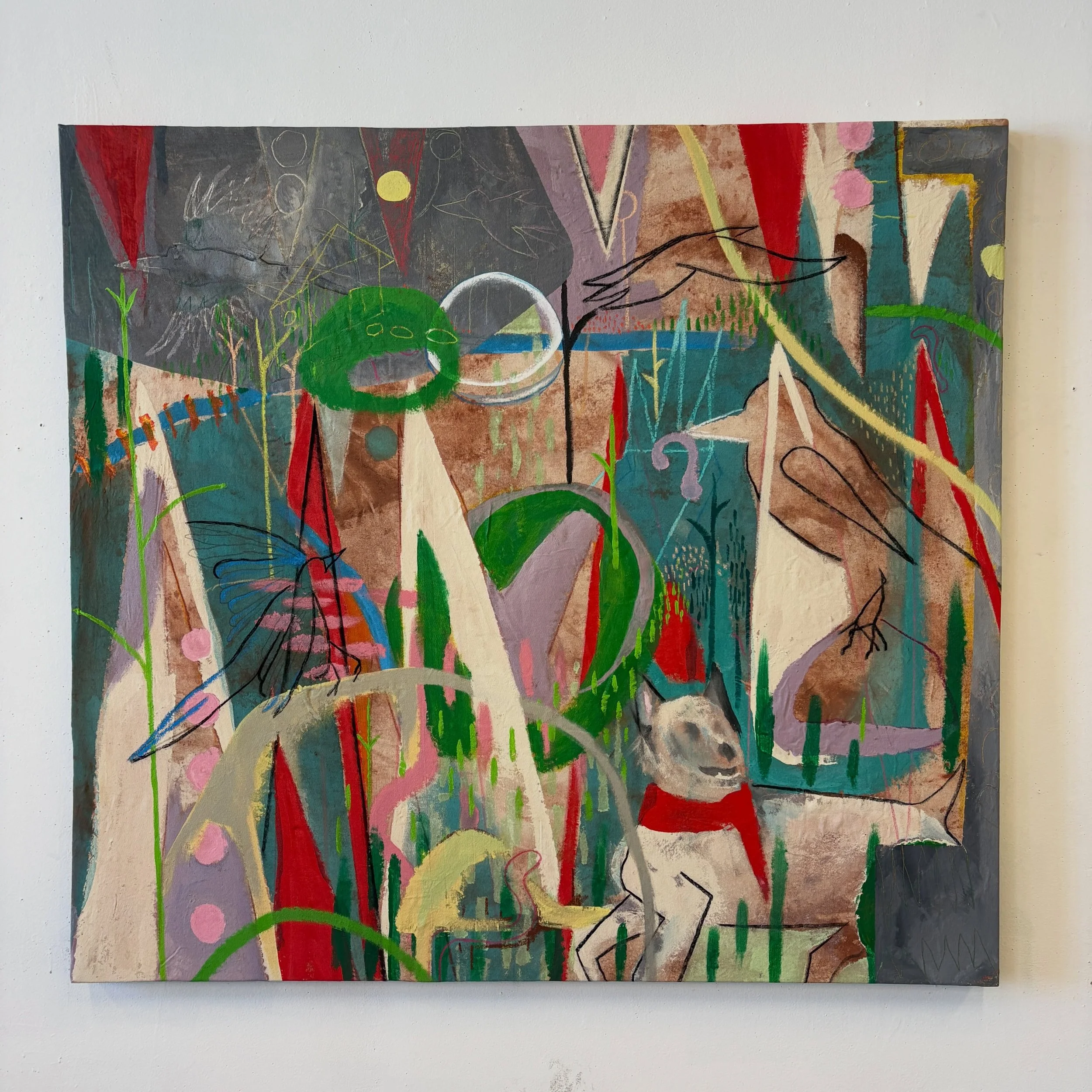 "Lovers Leap"💕🎲🔺🐾
52" x 48"
Mixed media on distressed canvas stretched onto reclaimed wood.
This is one of the most rewarding and fun paintings I have done. Made for two very cool and amazing peoples wedding. What an opportuni