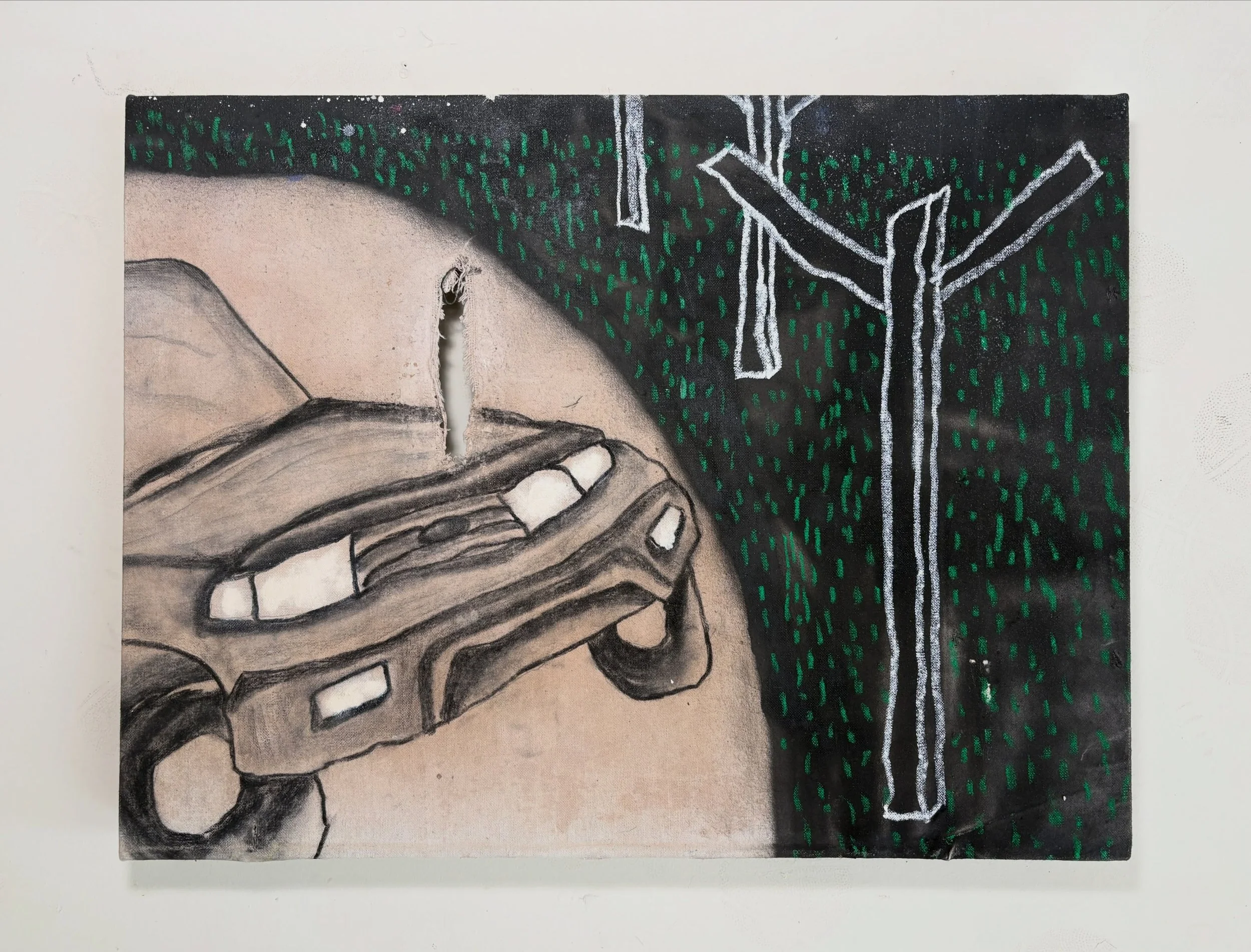 "Highway trees"🚏🚷🚗
27" x 20.5"
Spray paint, charcoal, and pastels on found canvas from ceramic studio.