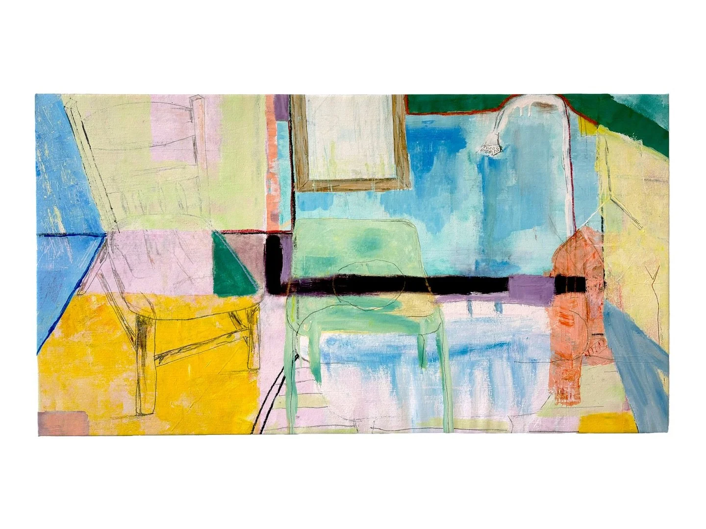 "Domesticated Space"
🛀🪑👕
4'4" x 2'4"
Stretched canvas on built frame
Latex house paint and charcoal