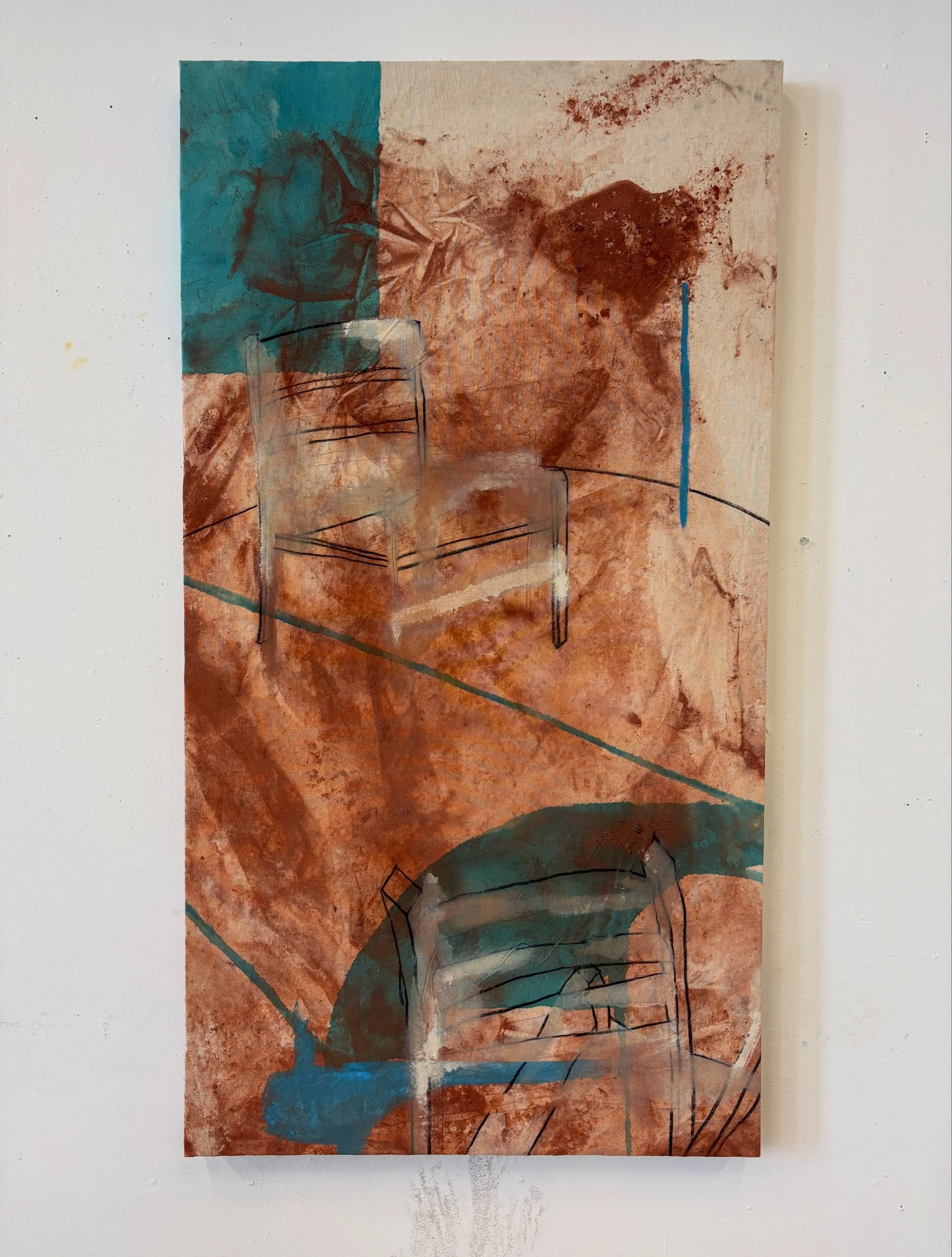 "Waiting Memory" 🪑🪑🦋
54" x 29" 
Mixed media on weathers canvas, stretched onto reclaimed wood