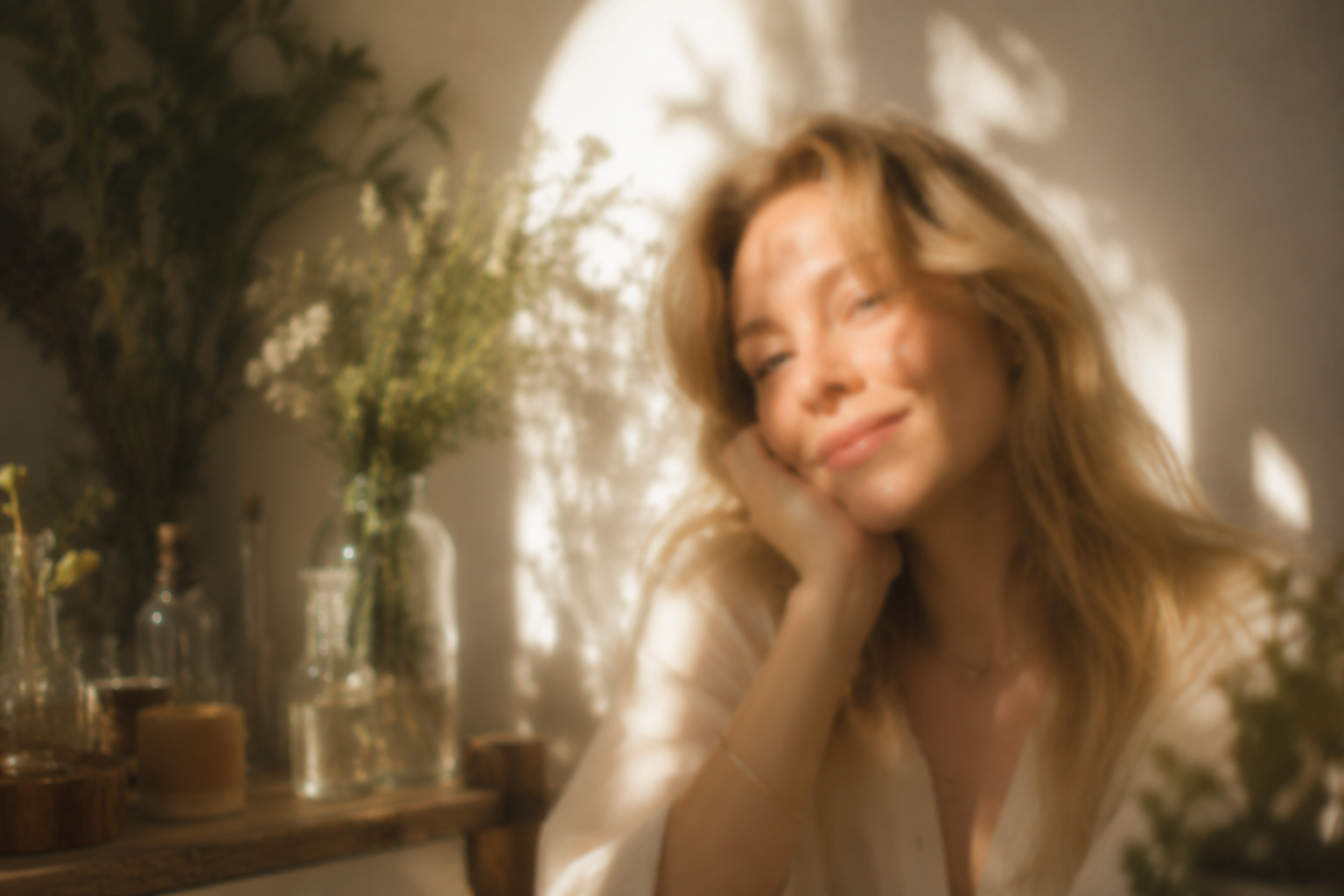 blonde professional perfumer surrounded by bottles plants vases in sunlight